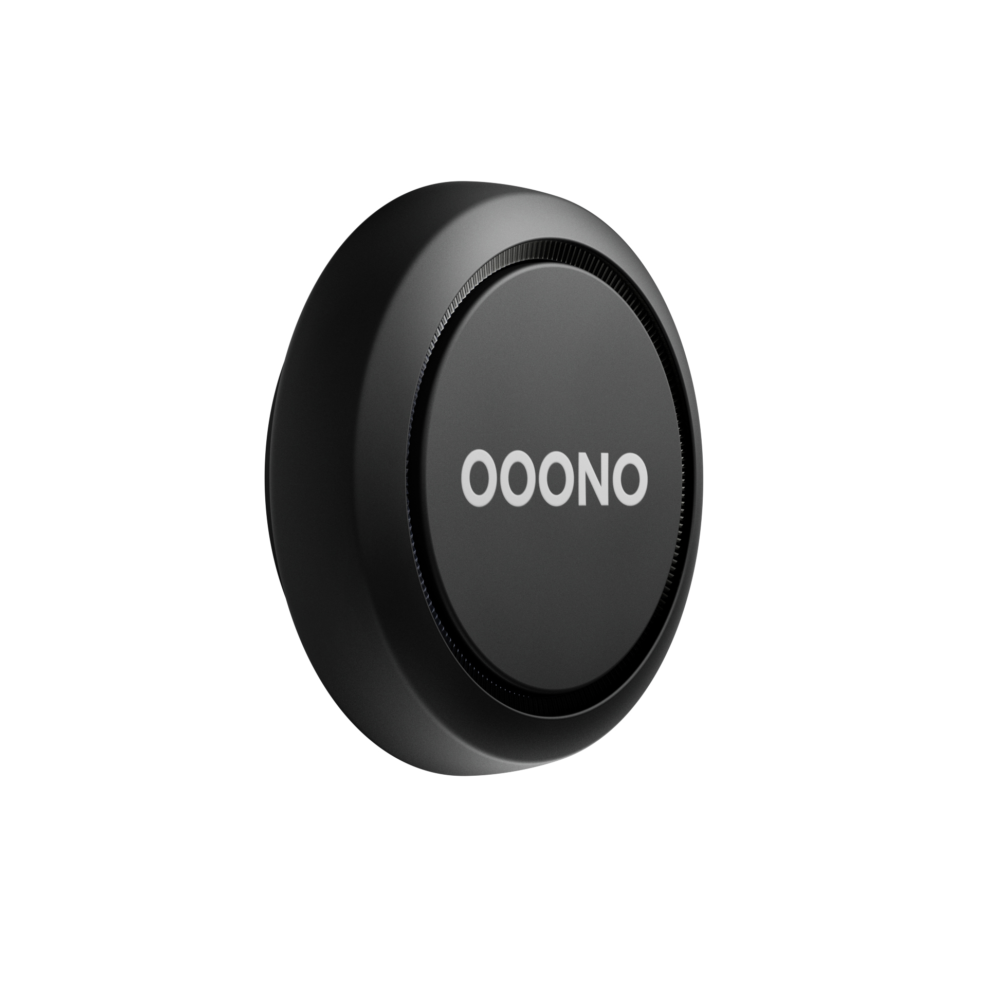 Ein schwarzes kreisförmiges Gerät mit dem Wort OONOO in weißen Buchstaben in der Mitte, isoliert auf weißem Hintergrund.