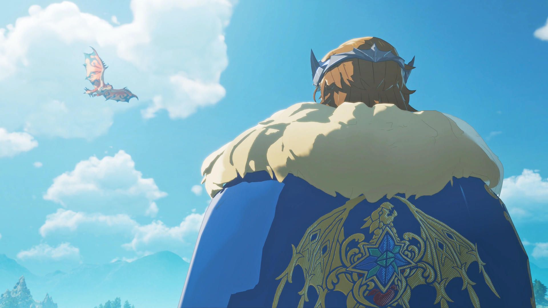 Eine Person in einem blauen Umhang mit goldenem Emblem blickt auf einen fliegenden, orangenen Drachen am blauen Himmel.