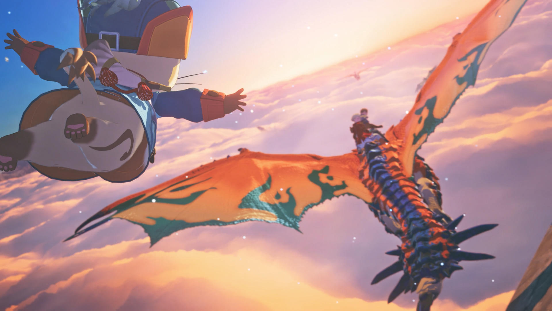 Ein katzenartiges Wesen in einem blau-orangenen Outfit fliegt auf einen Drachen zu. Der Drache hat orange und blaue Flügel, auf denen Leute reiten.