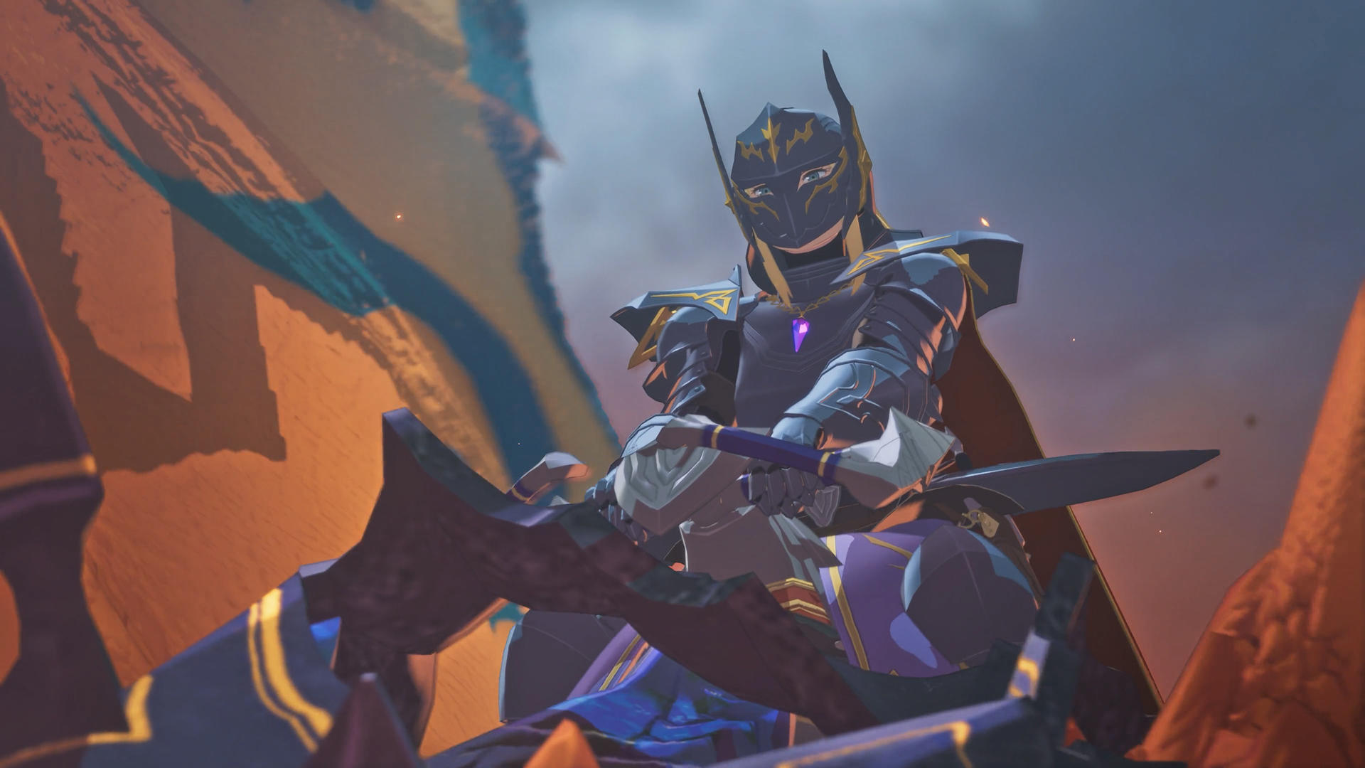 Ein Ritter in schwarzer Rüstung mit Helm hält ein Schwert. Der Hintergrund hat orange und blaue Farben.