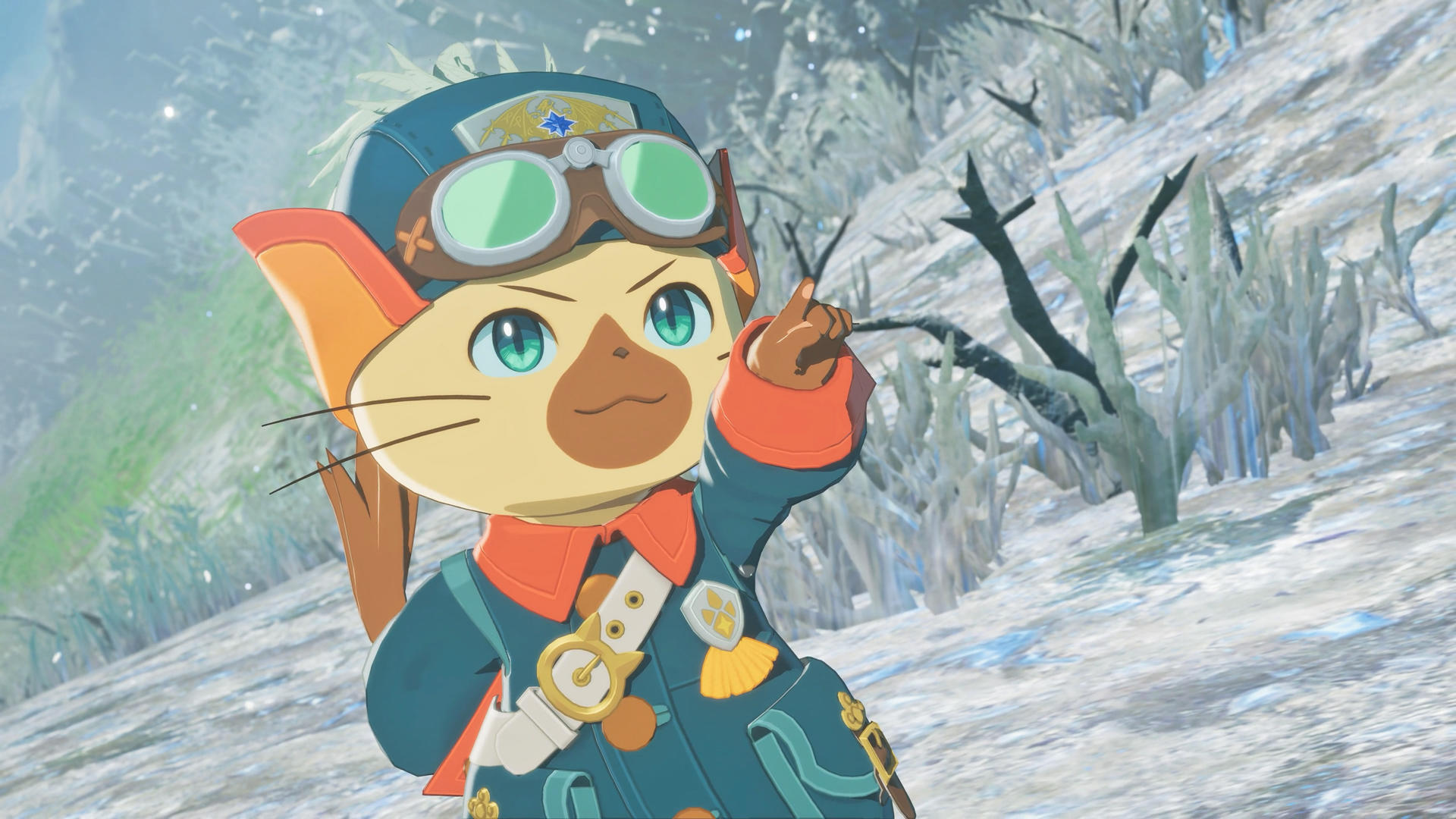 Eine Zeichentrickfigur, eine Katze in einem Pilotenoutfit, zeigt in einer verschneiten Umgebung nach oben. Die Figur hat eine Schutzbrille und eine blaue Uniform.
