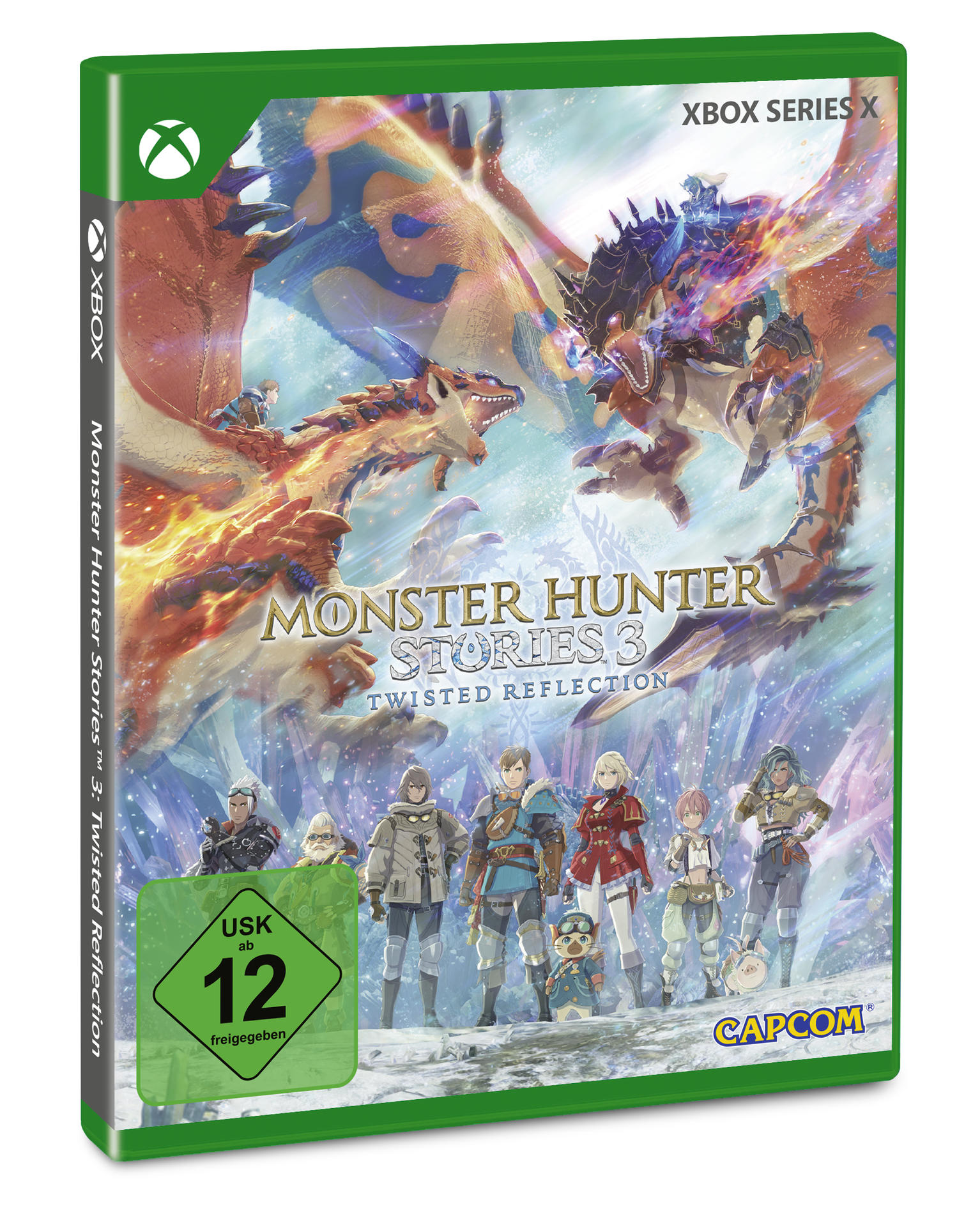 Spiel-Box-Art. Drachenkampf-Szene mit Charakteren unten. Titel: Monster Hunter Stories 3. Xbox Series X. USK 12.