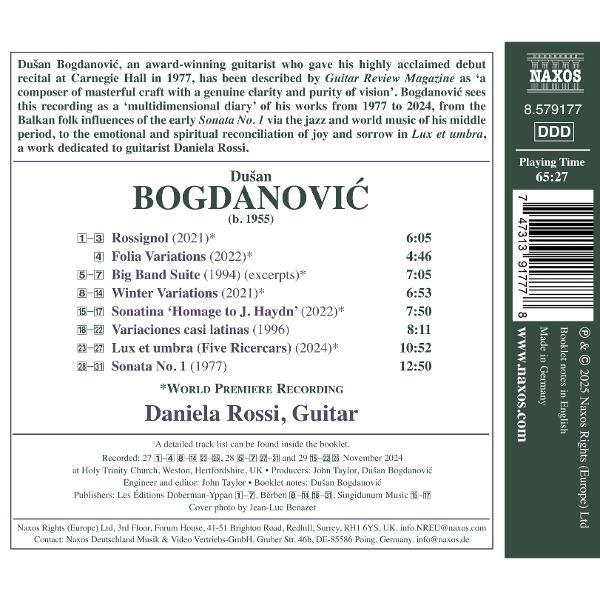 CD-Cover. Titel: Dušan Bogdanović. Mit Daniela Rossi. Enthält Titelliste, Credits und Naxos-Logo.