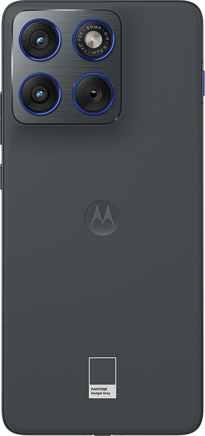 Egy szürke Motorola telefon hátulja négy kamerával, kék díszítéssel és egy Pantone Gadget Gray színmintával.