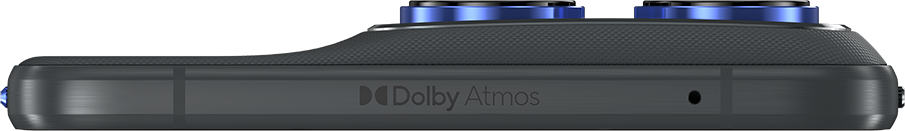 Sötét készülék közeli képe kék gombokkal. Dolby Atmos logó látható. Egy kis lyuk a jobb oldalon.