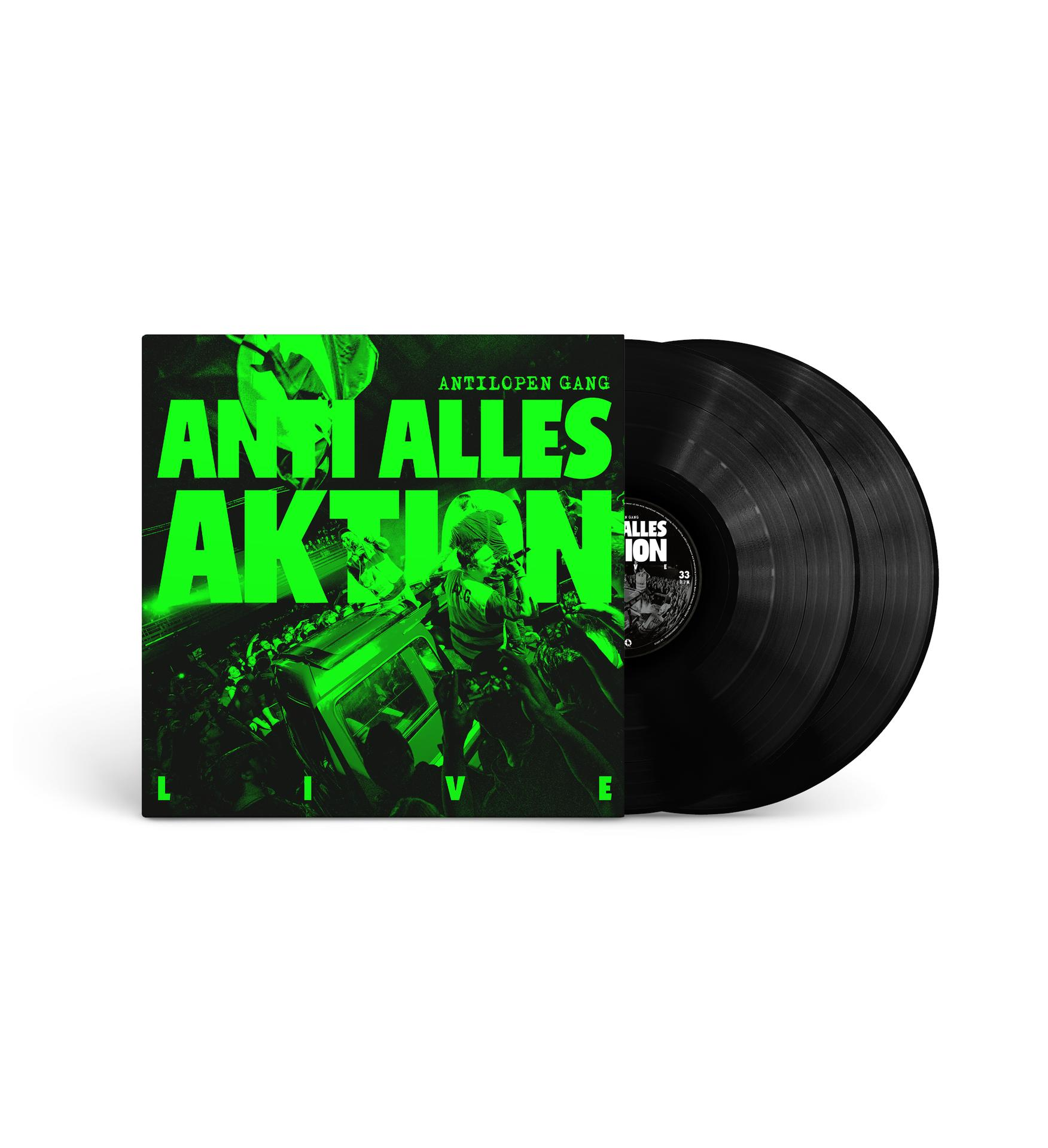 Albumcover: Grüner Text 'ANTI ALLES AKTION LIVE' über einer Menschenmenge mit einem Auto. Zwei schwarze Schallplatten rechts.