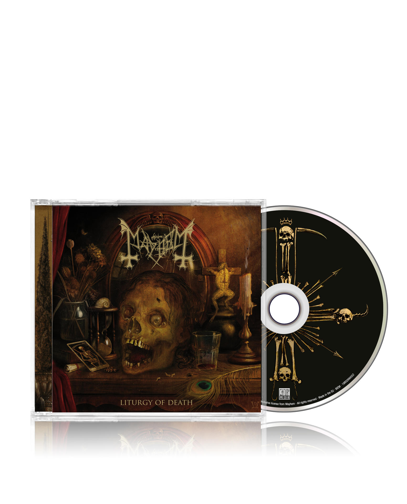 CD-tok koponyafestménnyel, a CD fekete, csontokkal és koponyával. Cím: Liturgy of Death a Mayhemtől.