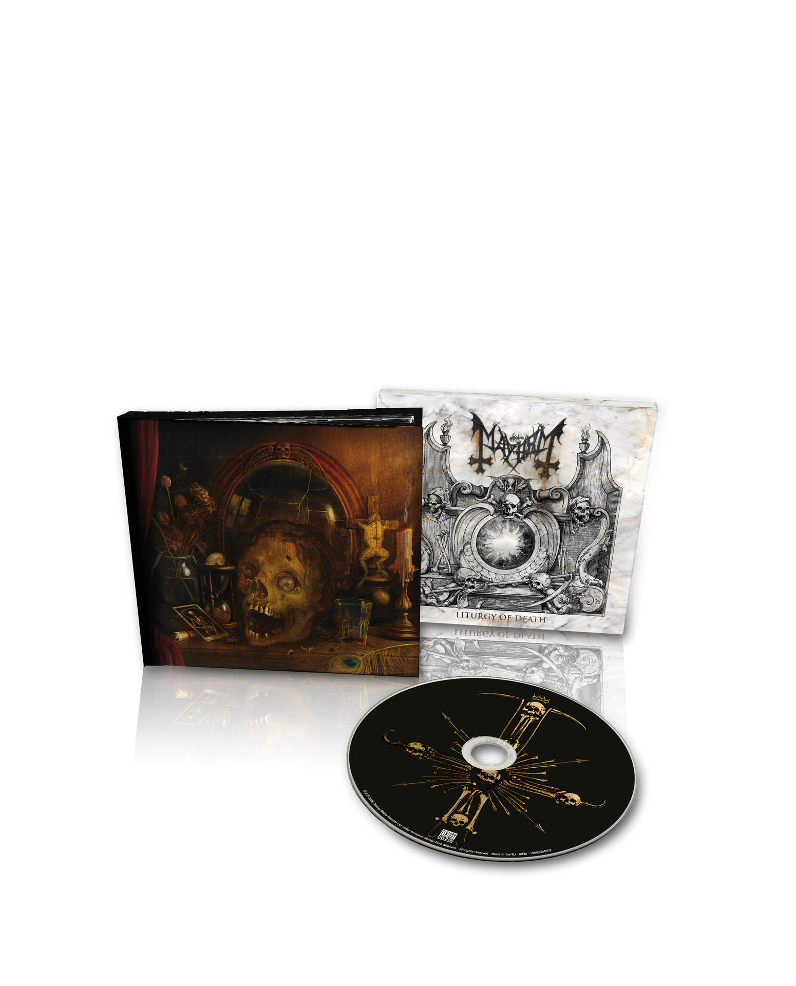 Albumcover mit Totenkopf, CD und Albumcover. Die CD ist schwarz mit Totenkopf- und Kreuzdesign.