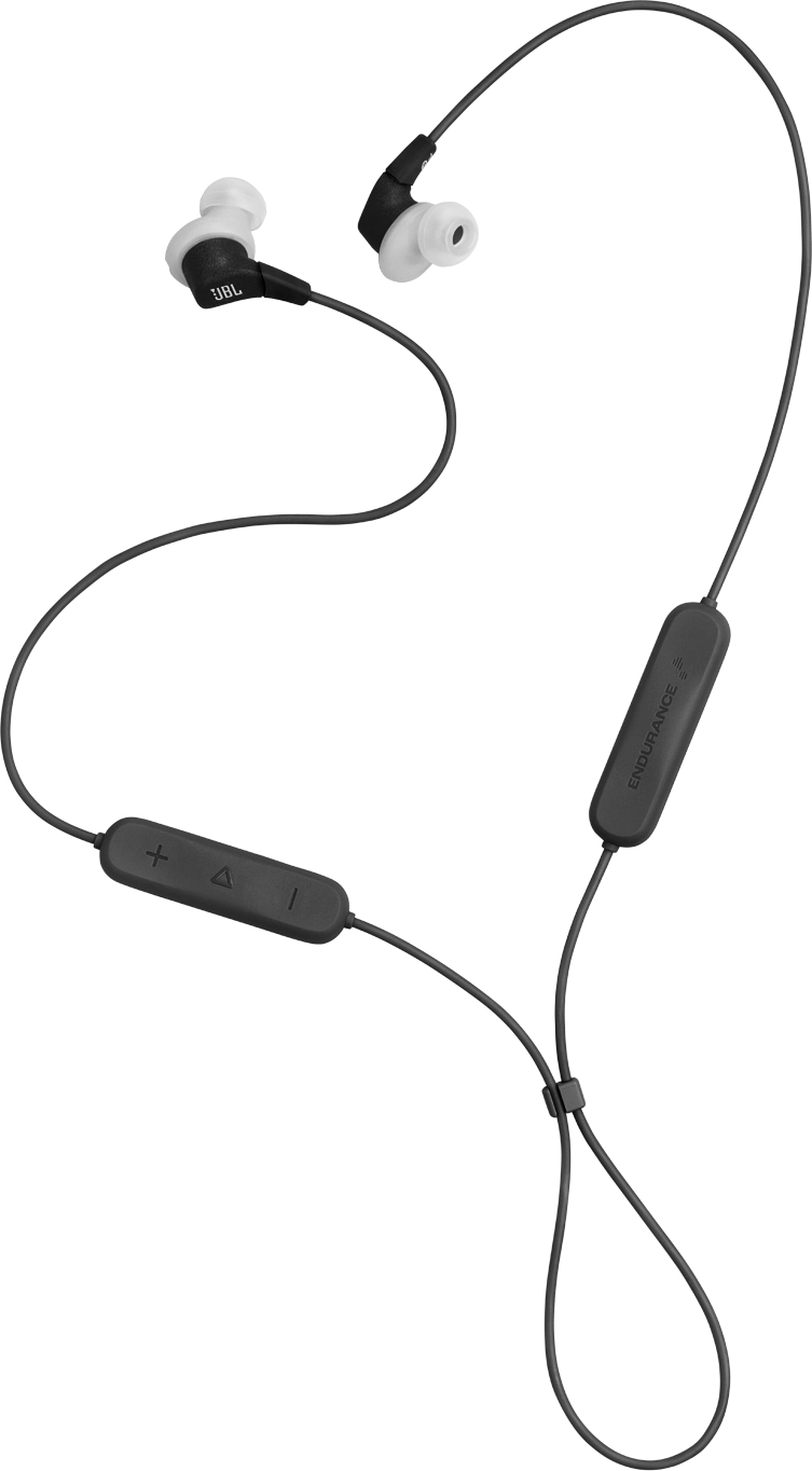 Fekete JBL Endurance fejhallgató. Fehér füldugók. Távirányító plusz, mínusz és háromszög gombokkal. Fekete kábel köti össze őket.