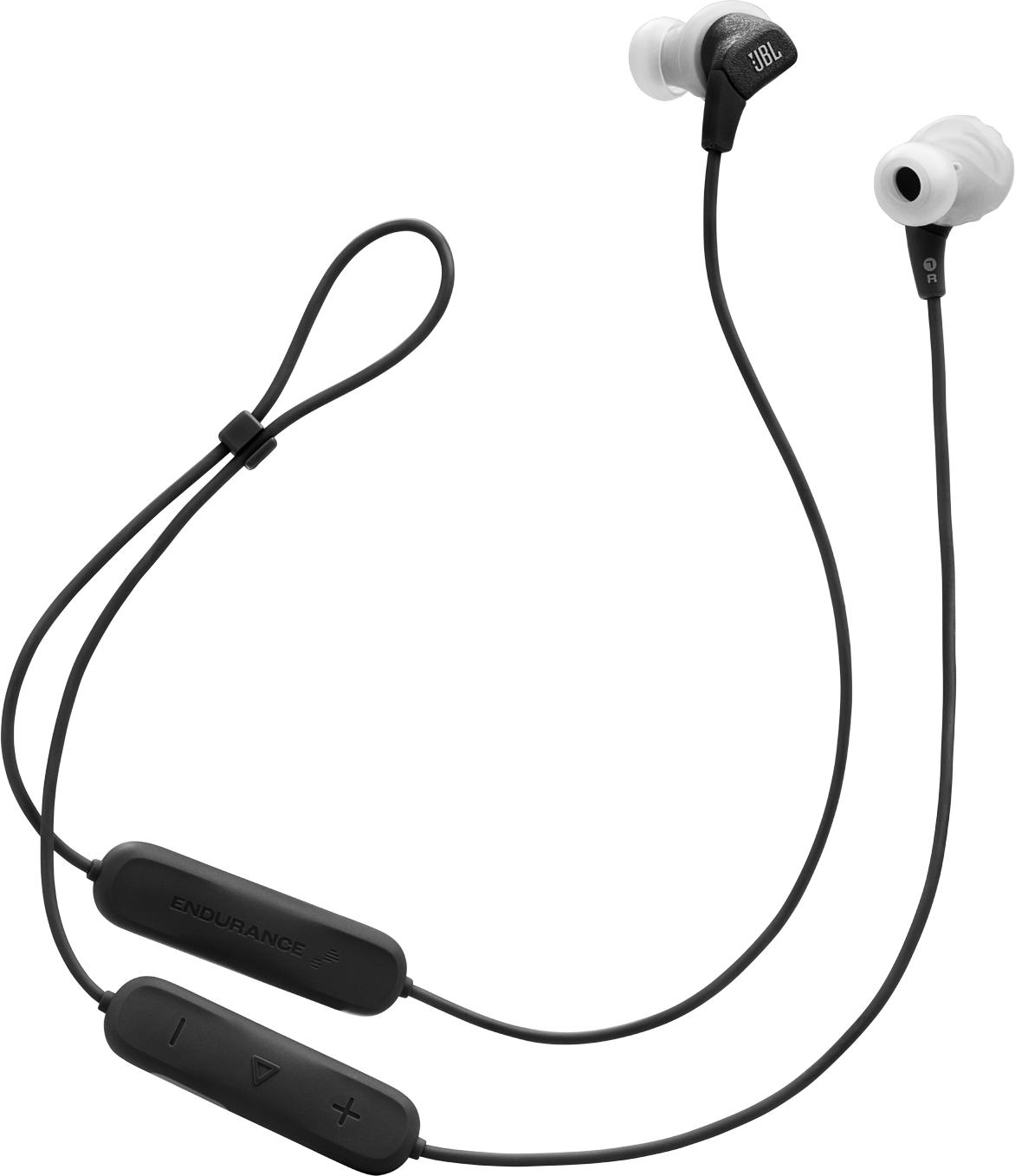 Fekete JBL Endurance vezeték nélküli fülhallgatók. Fekete vezetékek és vezérlőgombok. Fehér fülhallgató végek. Fehér háttér előtt.