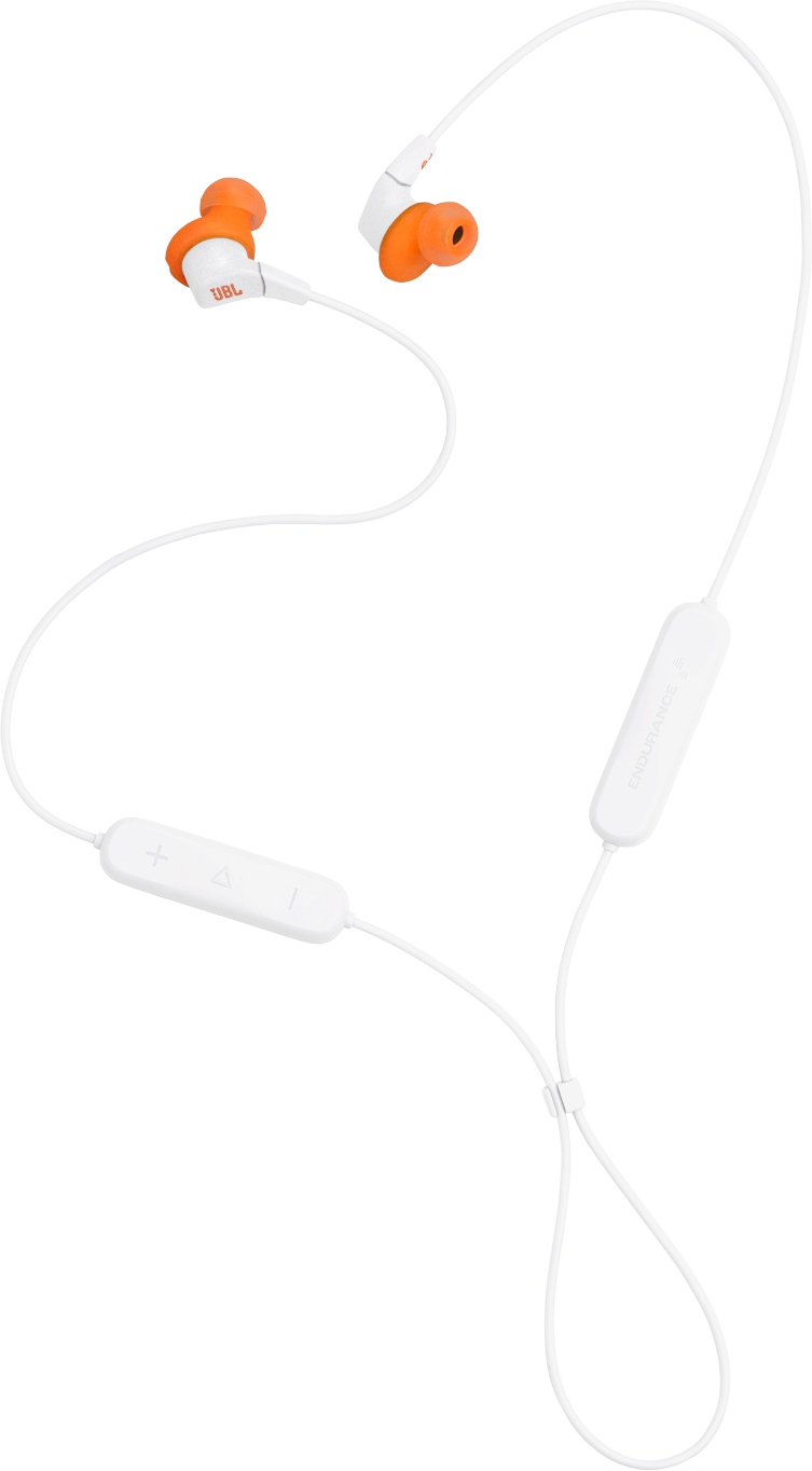 Fehér JBL Endurance fülhallgatók narancssárga fülhallgatókkal. A kábel hangerőszabályzót és akkumulátort tartalmaz.
