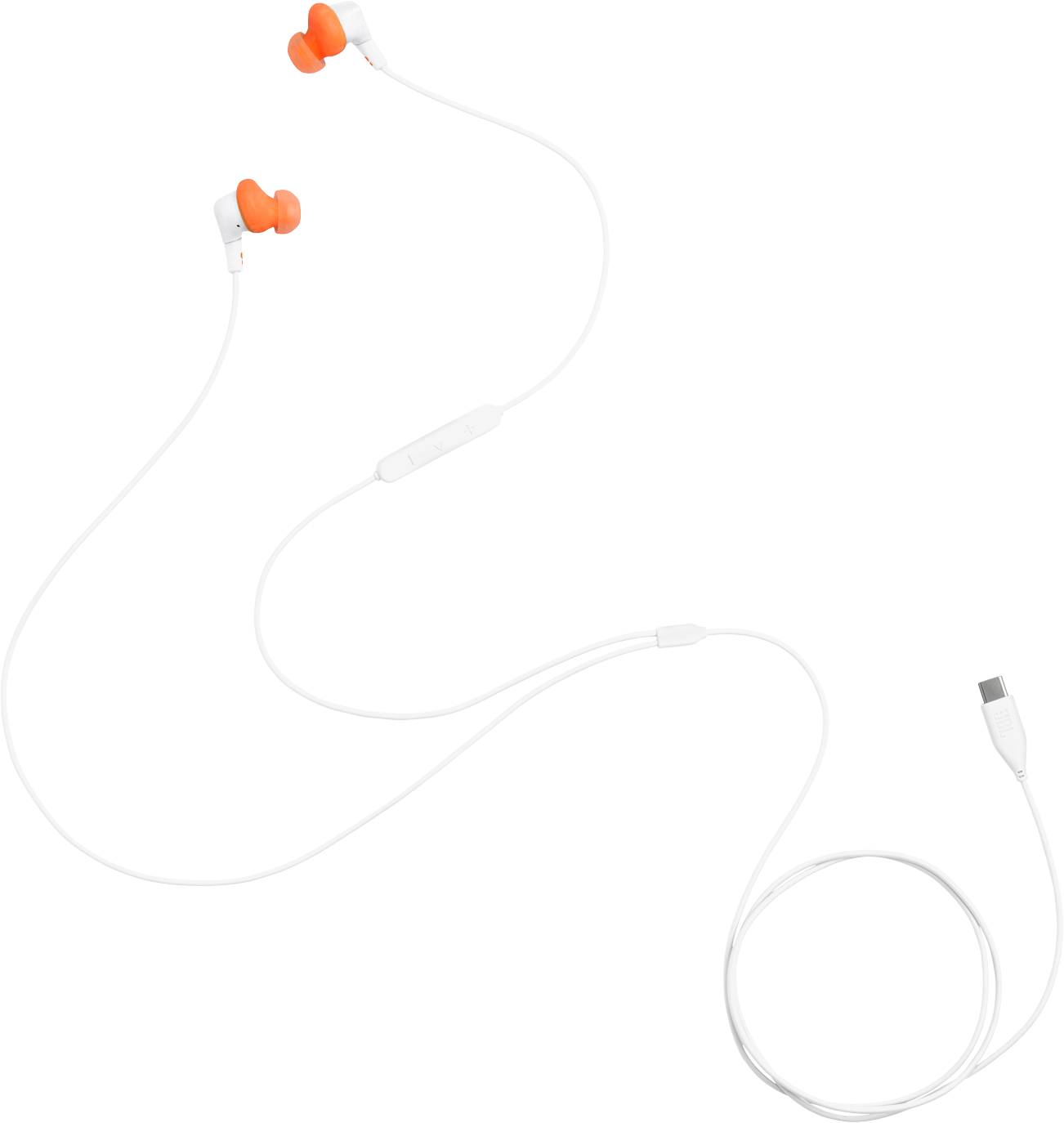 Fehér fülhallgatók narancssárga hegyekkel és fehér kábellel, USB-C csatlakozóval. A fülhallgatókon vezérlőmodul található.