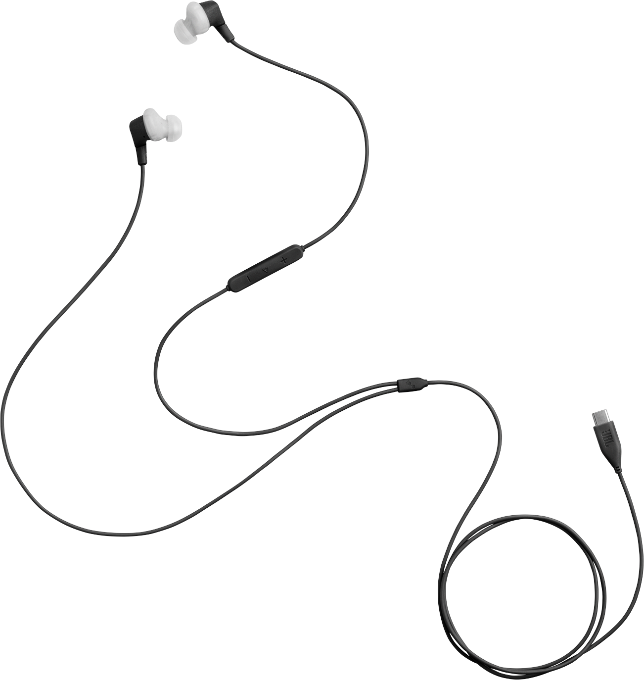 Fekete JBL fülhallgatók fehér hegyekkel és fekete vezérlőmodullal. USB-C kábel csatlakozik. A háttér fehér.