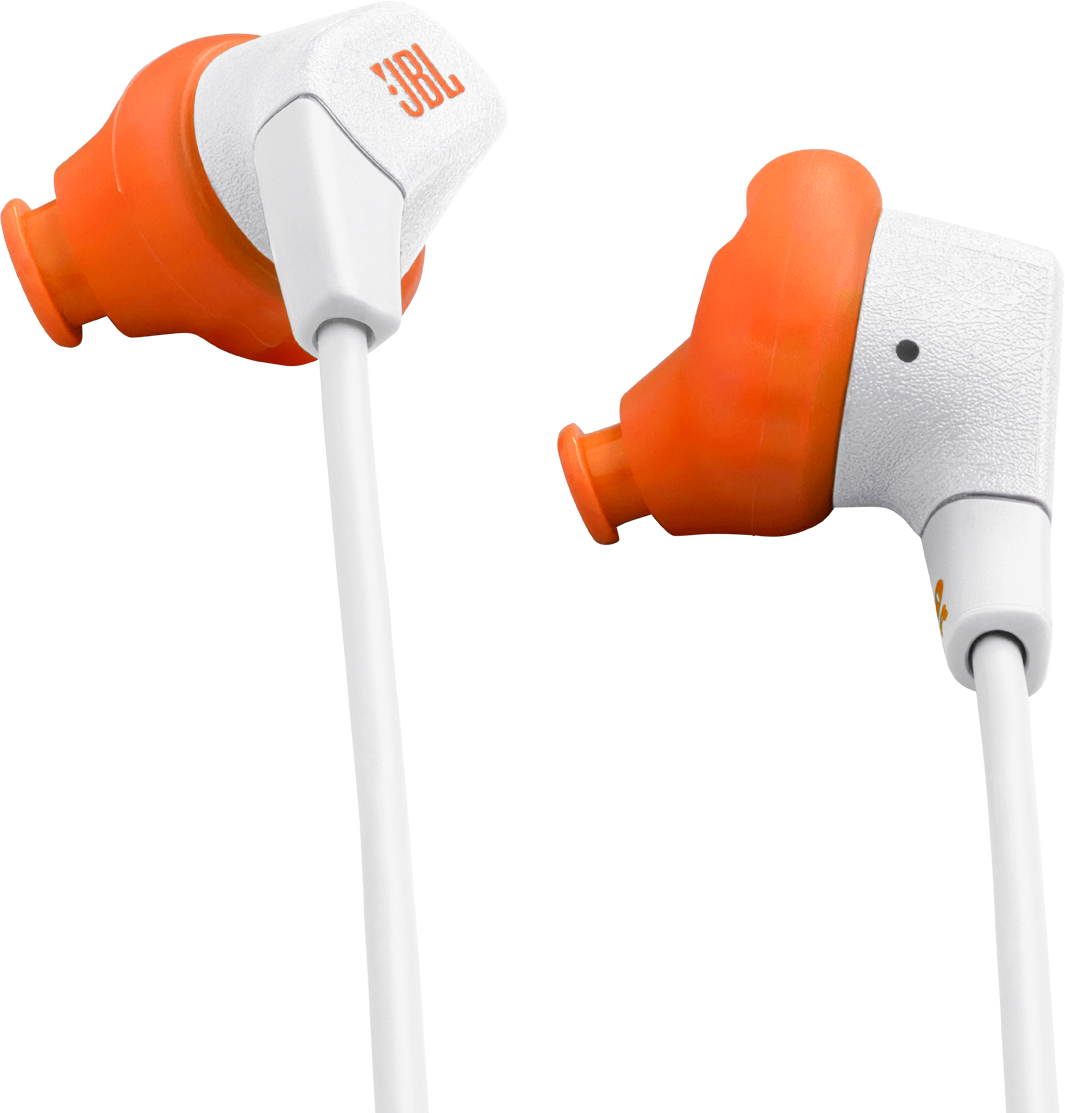 Két narancssárga és fehér JBL fülhallgató. A fülhallgatók fehér vezetékkel rendelkeznek. A JBL logó a fehér részen található.