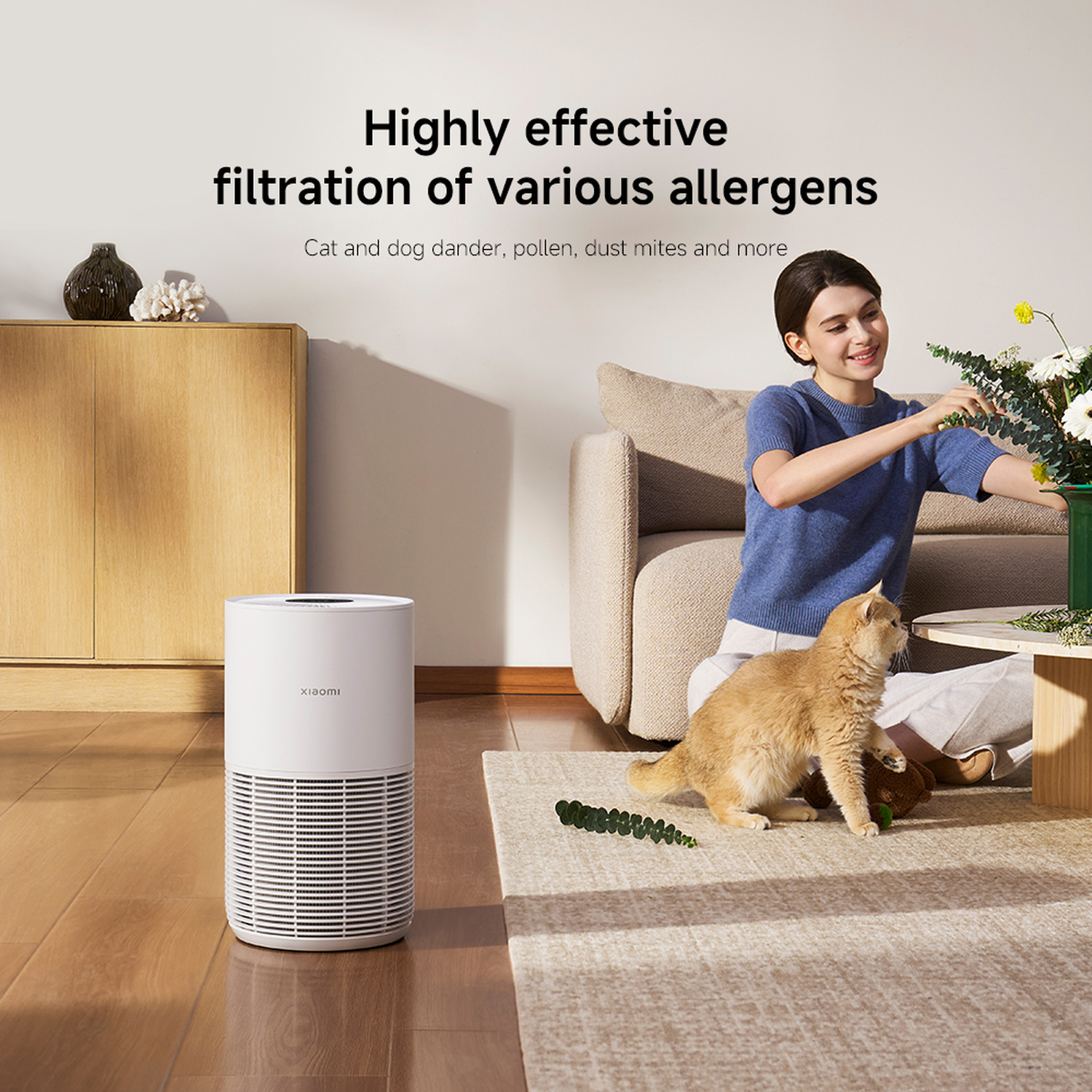 A woman arranges flowers, a cat watches. A white air purifier is on the left. Text: Highly effective filtration of various allergens.