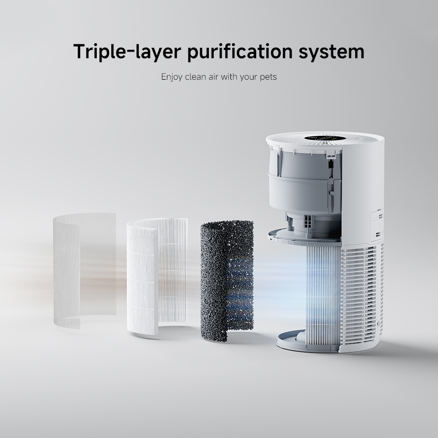 An air purifier with three filter layers, showing the internal components. Text reads, 'Triple-layer purification system'.