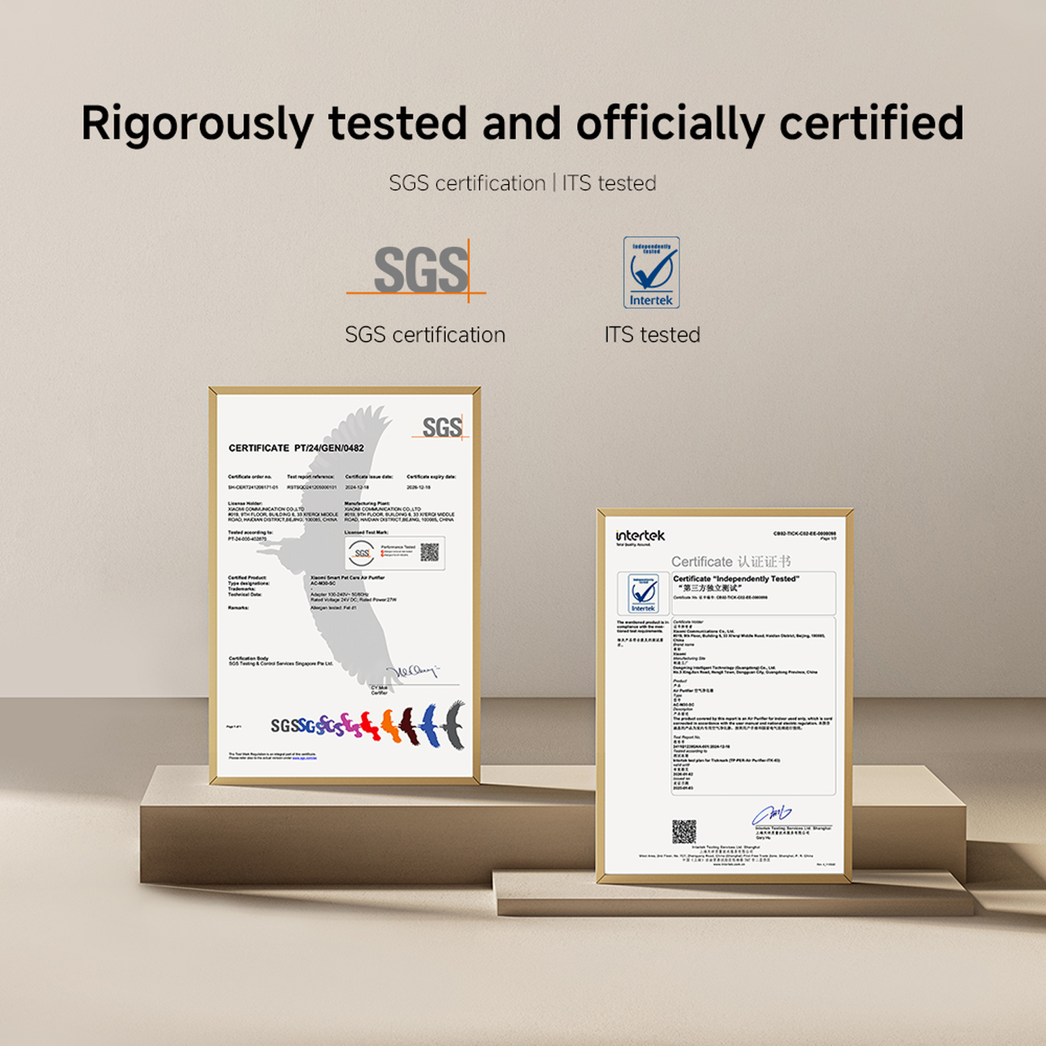 Image shows certificates from SGS and Intertek, with text 'Rigorously tested and officially certified'.