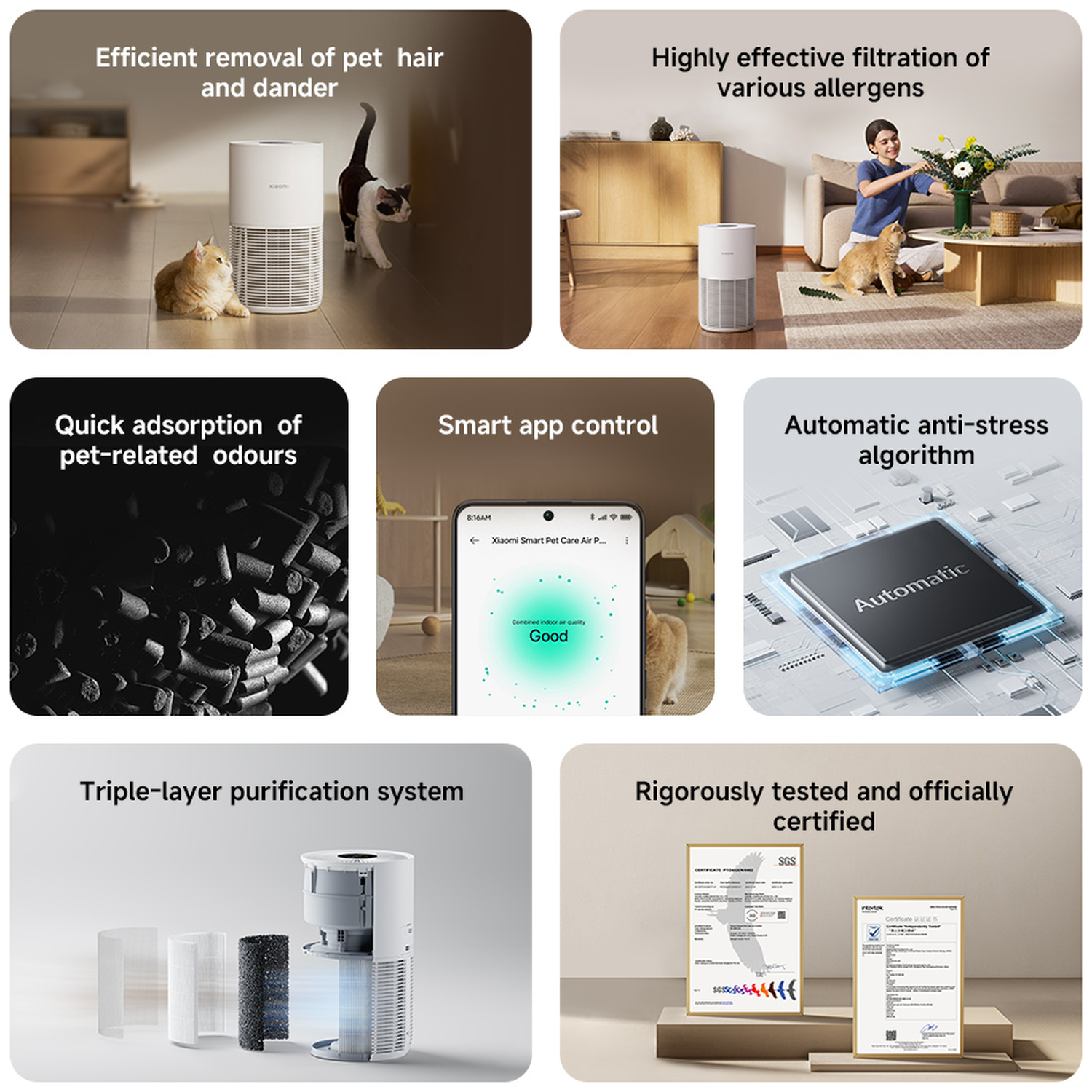 Image shows an air purifier with pets, a mobile app screen, certificates, and a diagram of the purifier's layers.