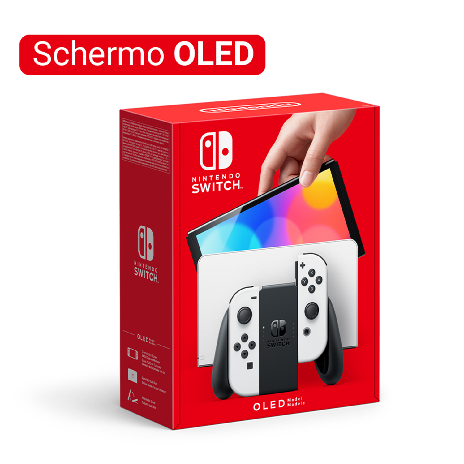 Una scatola rossa Nintendo Switch OLED con la console e i controller. Lo schermo mostra immagini colorate. Una mano tiene la console.