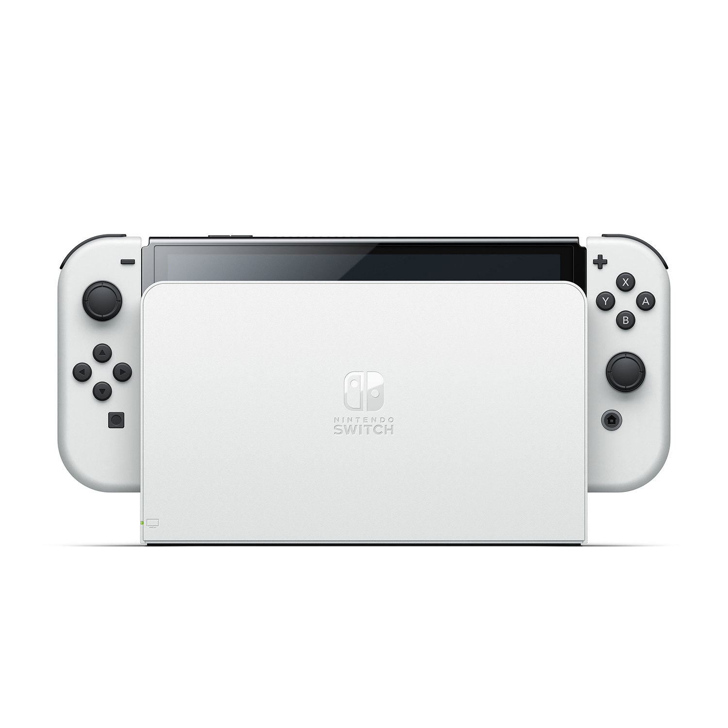 Una console e una dock Nintendo Switch bianche, con controller staccati su ogni lato. Lo schermo è centrato. Lo sfondo è bianco.