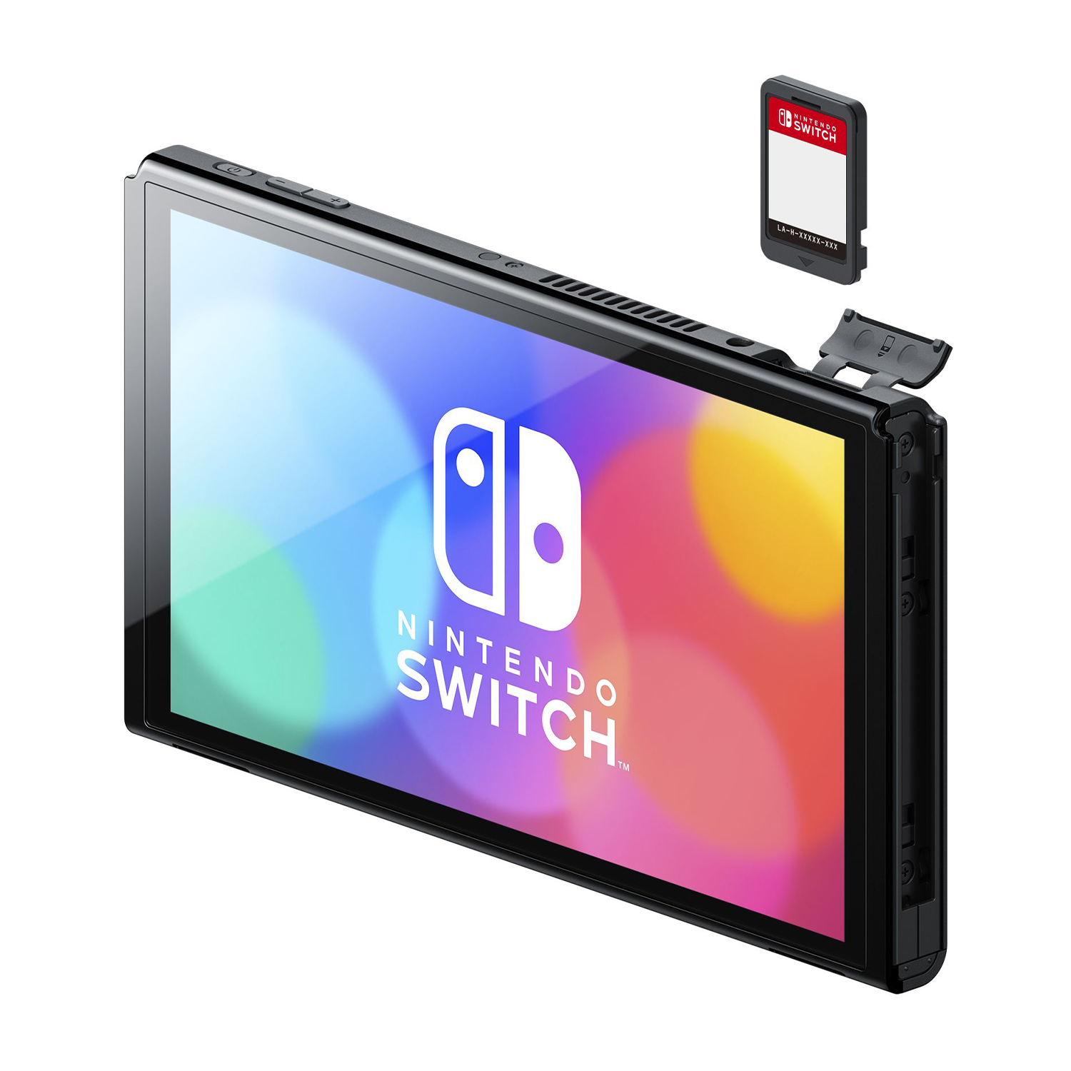 Console Nintendo Switch con scheda di gioco e schermo colorato con il logo. Cornice e pulsanti neri visibili.