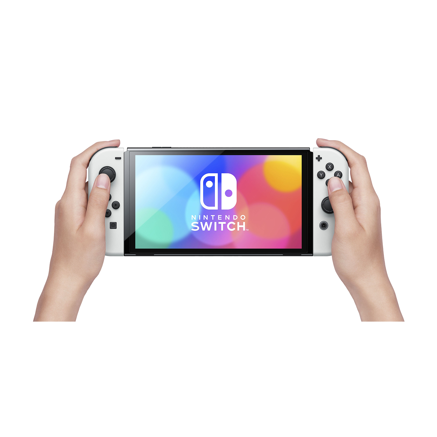 Mani che tengono una Nintendo Switch bianca. Lo schermo mostra grafica colorata, il logo e la parola SWITCH.
