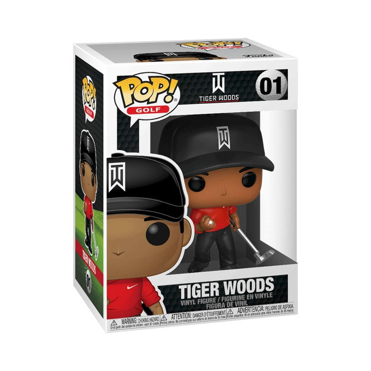Una figura Funko Pop di Tiger Woods con l'abbigliamento da golf, che tiene una mazza da golf, all'interno di una scatola con il logo Pop! Golf.