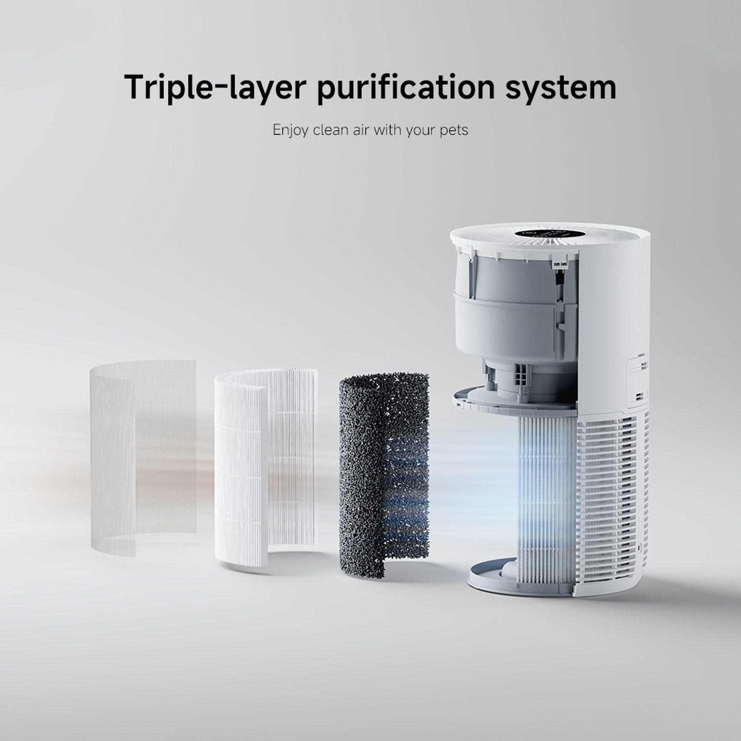 An air purifier with three filter layers, showing the filters and the device. Text says 'Triple-layer purification system'.