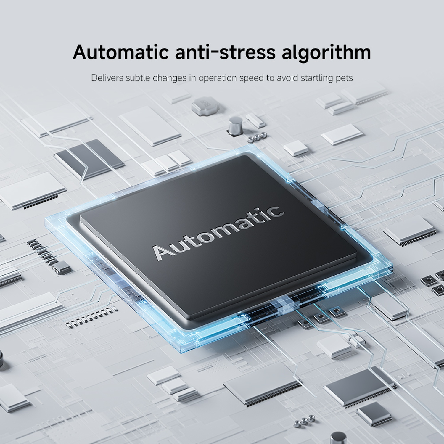 Image shows a circuit board with 'Automatic' on a central black square. Text reads 'Automatic anti-stress algorithm' and details.