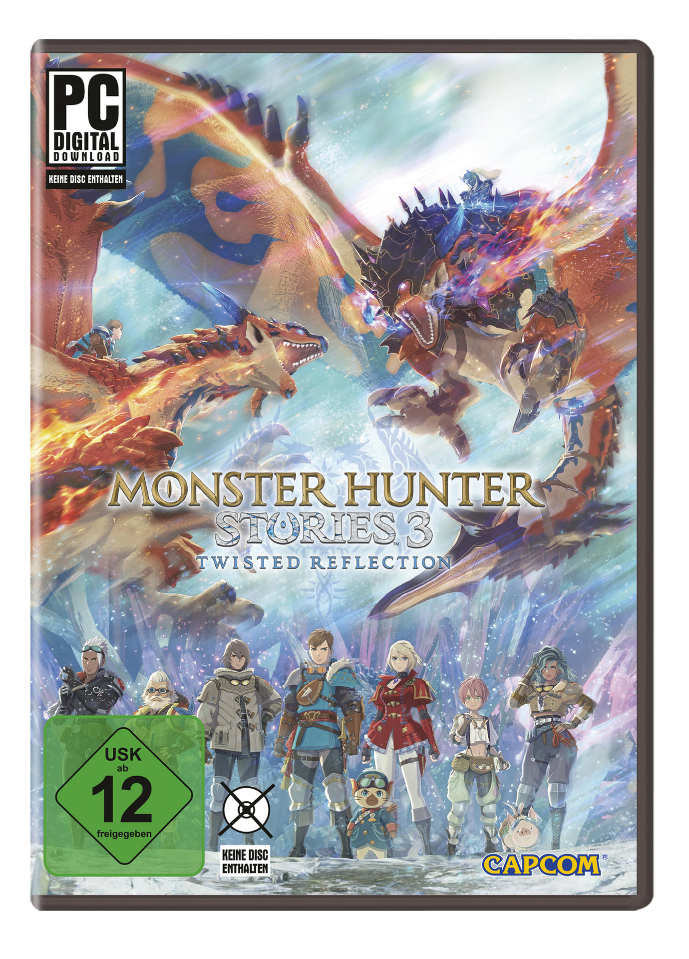 Spielcover von Monster Hunter Stories 3. Zeigt Drachen, Charaktere und den Spieletitel. Enthält Altersfreigabe und Capcom-Logo.