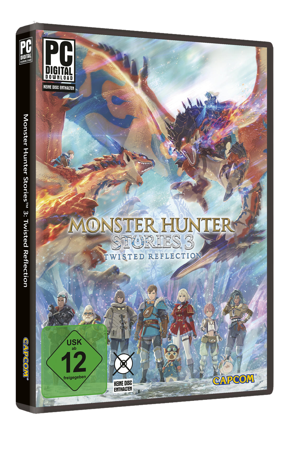 Spielbox-Art für Monster Hunter Stories 3. Enthält Drachen, Charaktere und den Titel des Spiels. Enthält eine USK 12 Bewertung.