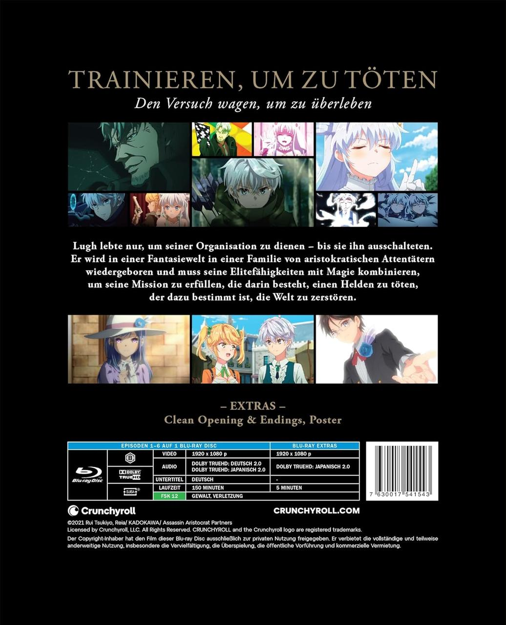 Anime Blu-ray-Cover. Titel: Trainieren, um zu Töten. Charaktere in Panels. Textdetails Blu-ray-Funktionen und Urheberrecht.