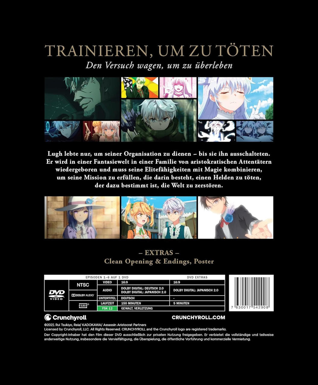 DVD-Cover. Anime-Charaktere werden angezeigt. Text auf Deutsch lautet 'Train to Kill'. Crunchyroll-Logo ist vorhanden.
