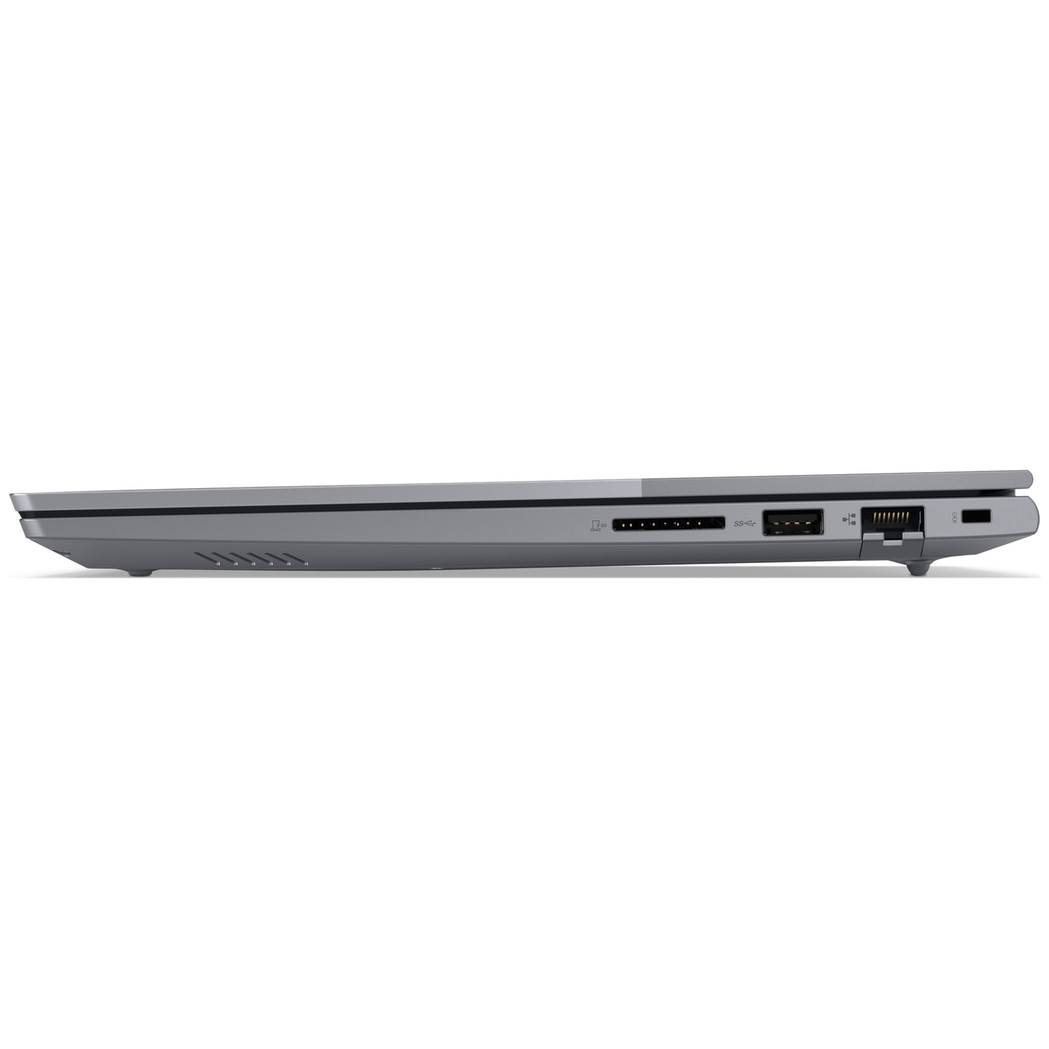 Side view of a gray laptop, showing ports and vents. The laptop is on a white background. The ports include USB, SD card slot, and power.