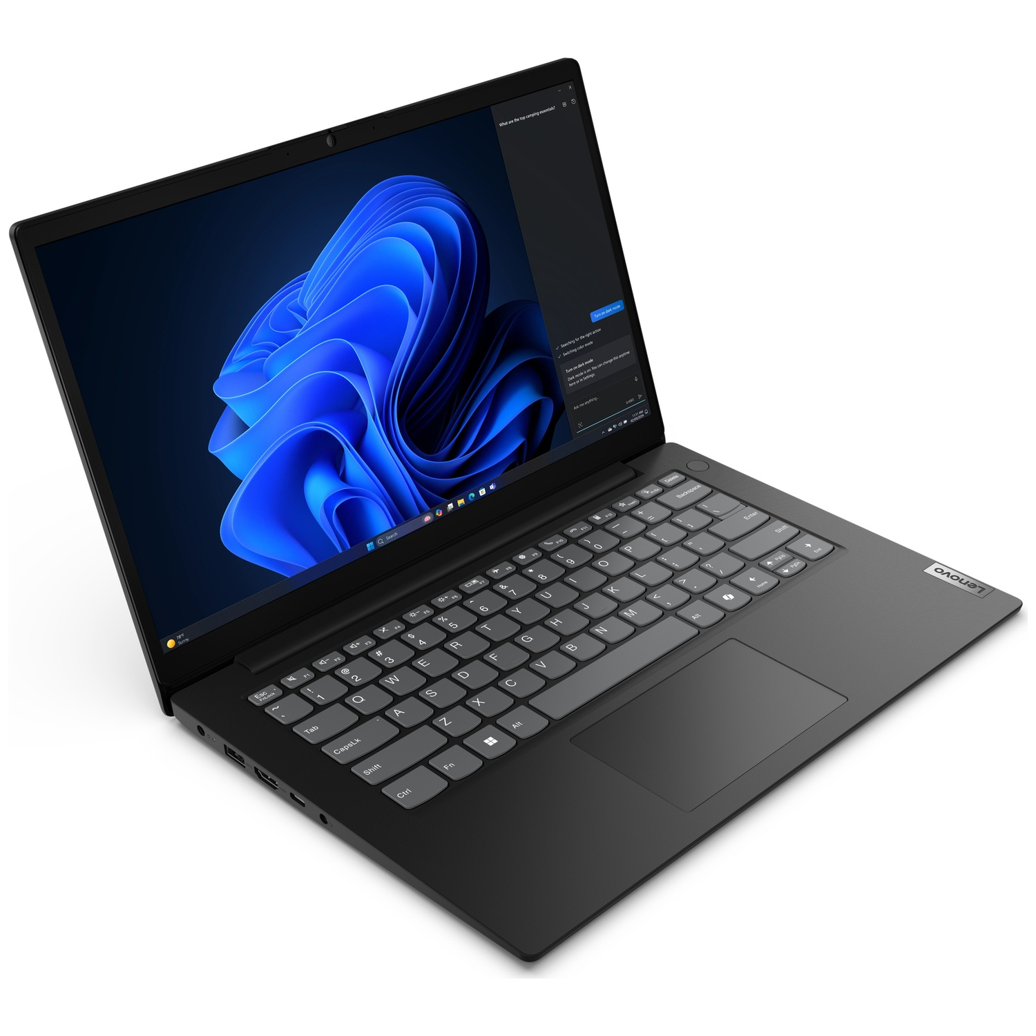 A black Lenovo laptop on a white surface. The screen displays a blue abstract image and a chat window. Keyboard visible.