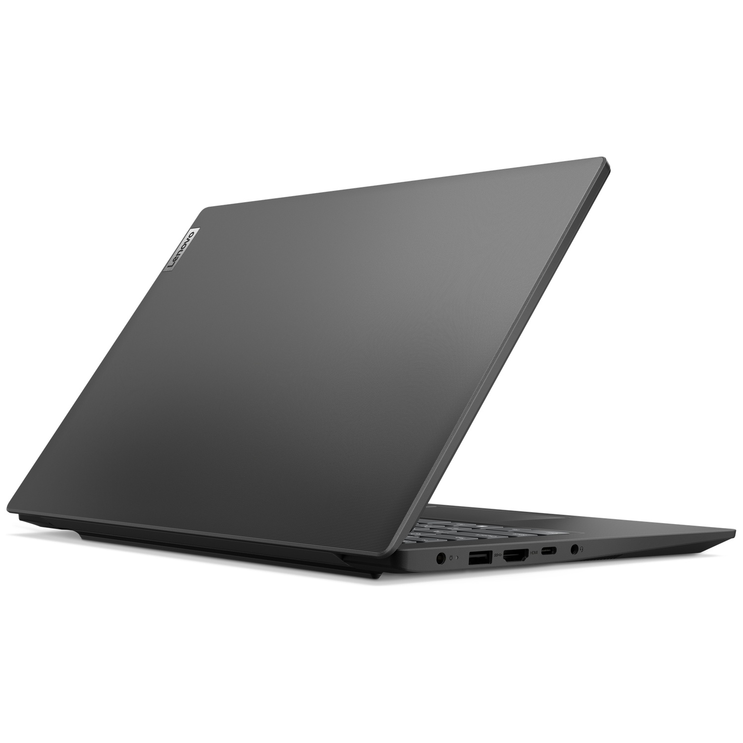 A dark gray Lenovo laptop, slightly open, angled from a rear view, showing the textured lid, ports, and white background.