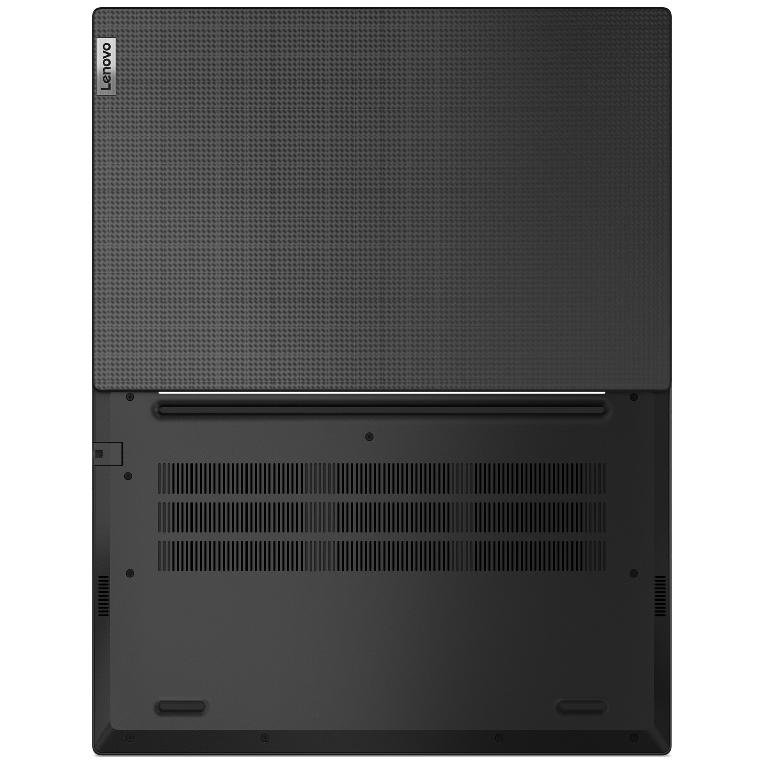 Top view of a black Lenovo laptop. The lid is open. The bottom has vents and a few screws.