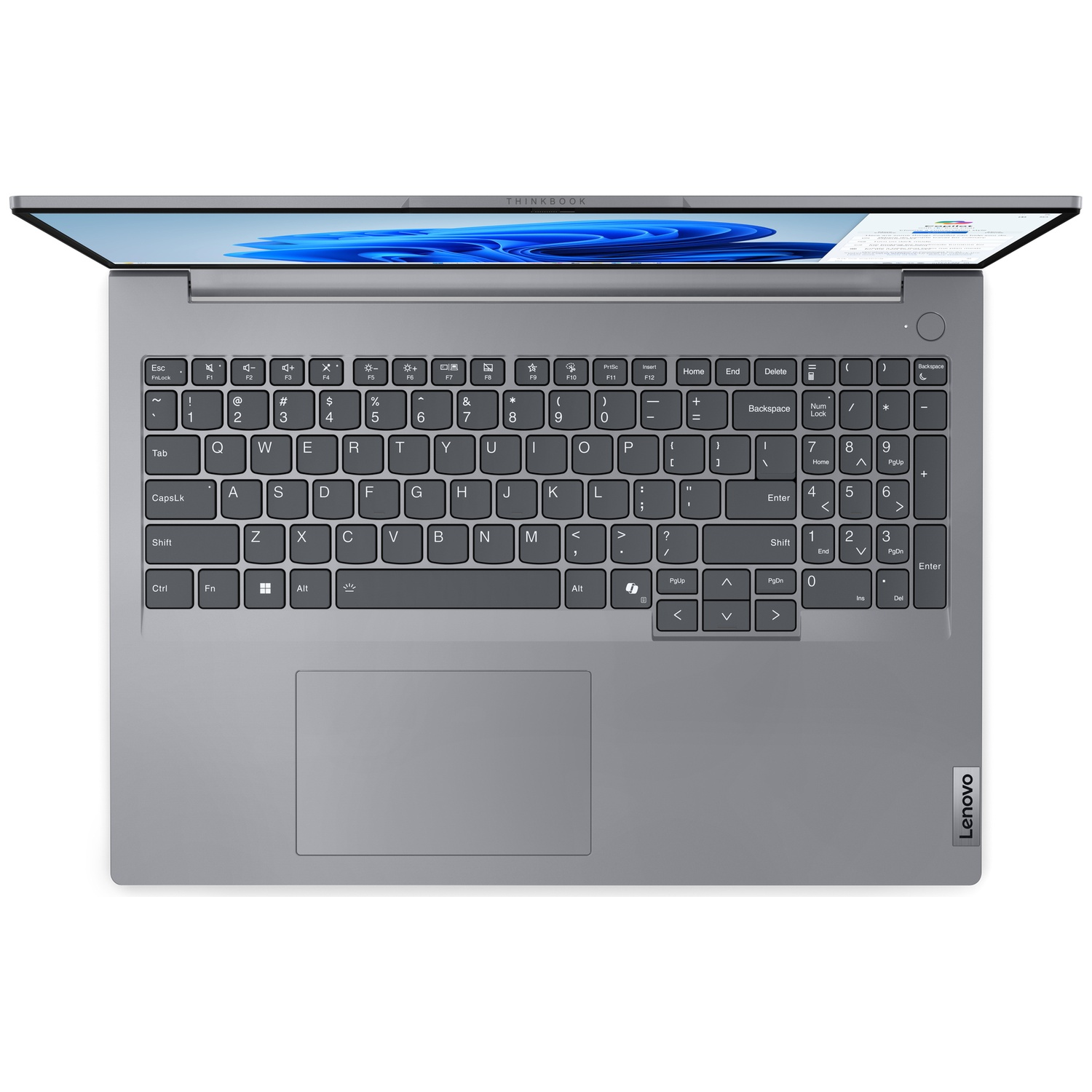 Vue de dessus d'un ordinateur portable Lenovo ThinkBook gris, clavier visible, écran ouvert, fond blanc.