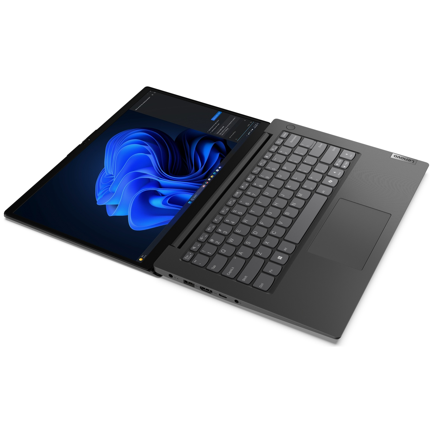 Open Lenovo laptop. Screen displays a blue abstract image. Keyboard is visible with keys. White background.