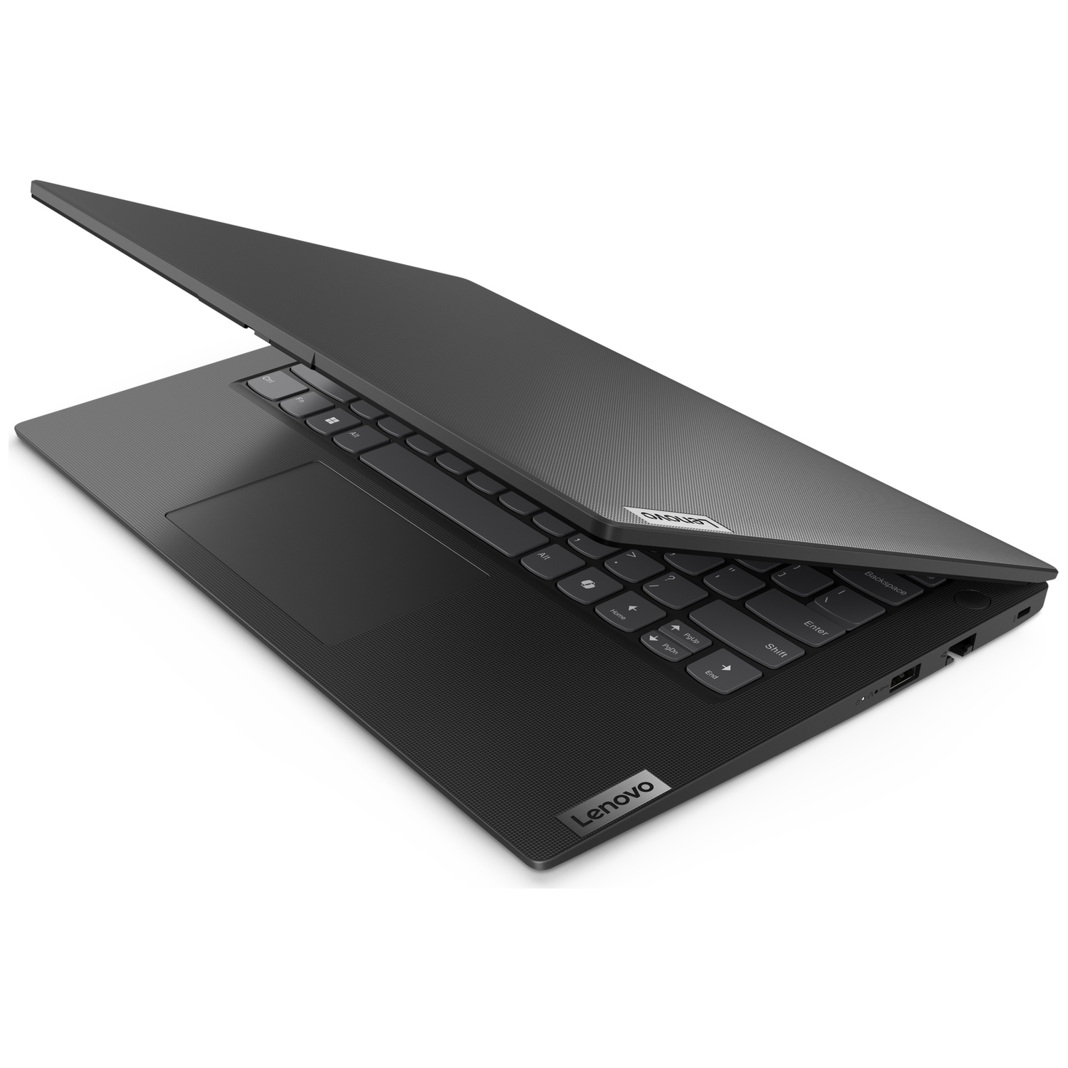 A black Lenovo laptop is open on a white surface. The keyboard is visible, with the screen slightly ajar.