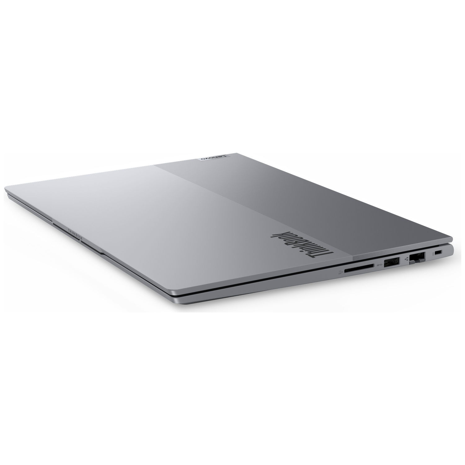 A closed, silver Lenovo ThinkBook laptop angled slightly upward. The ThinkBook logo is visible on the side.