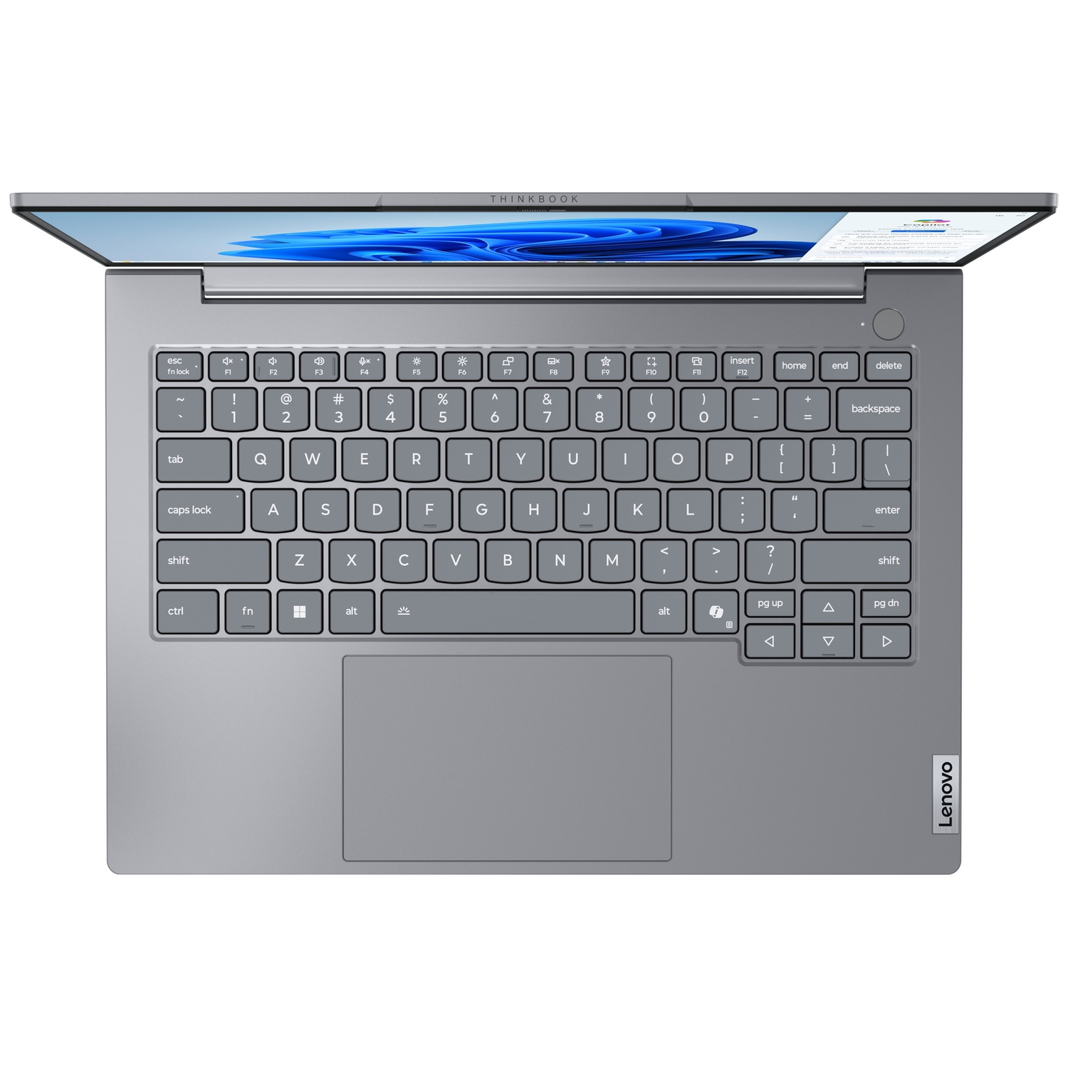 Top view of a silver Lenovo ThinkBook laptop, open. Keyboard visible with keys and touchpad. Screen displays a document.