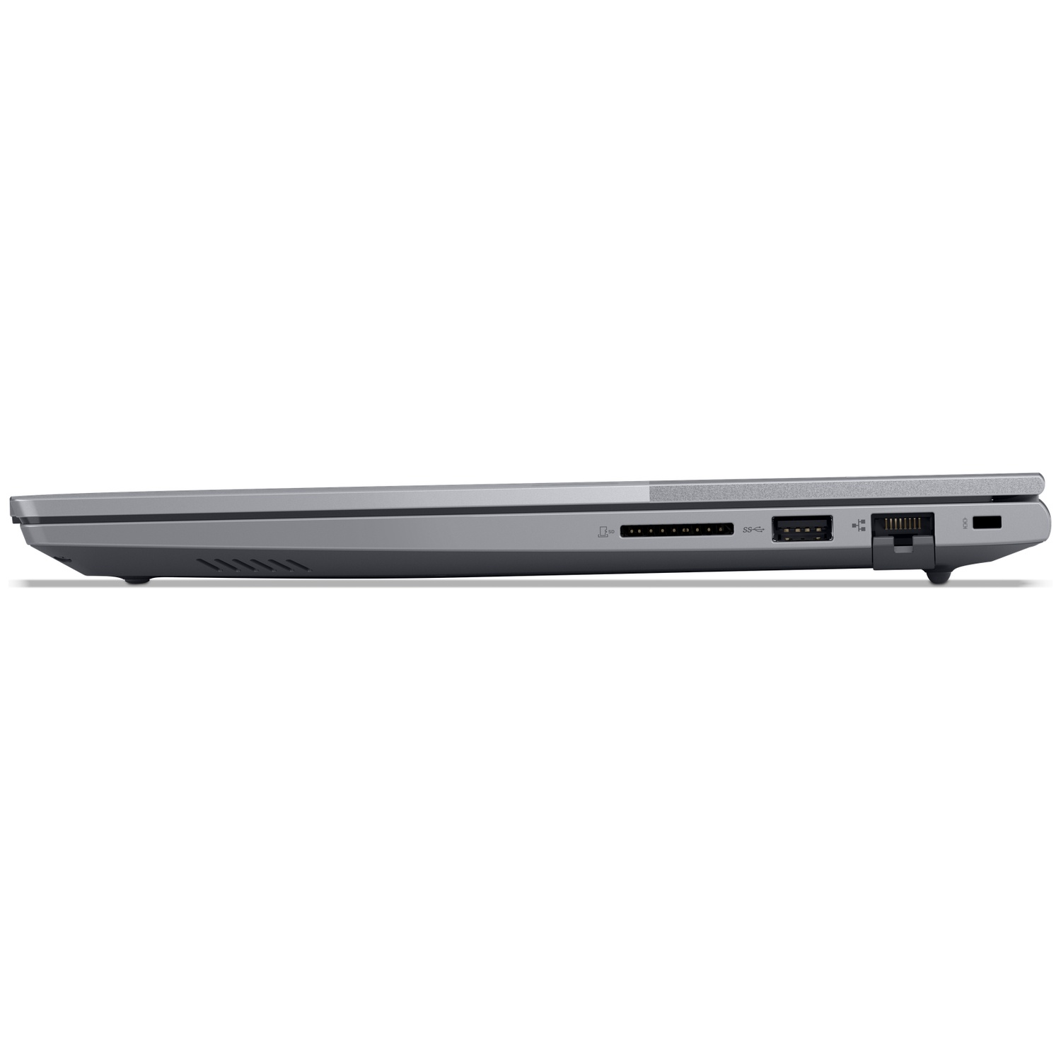 Side view of a gray laptop on a white background. Ports and vents are visible.