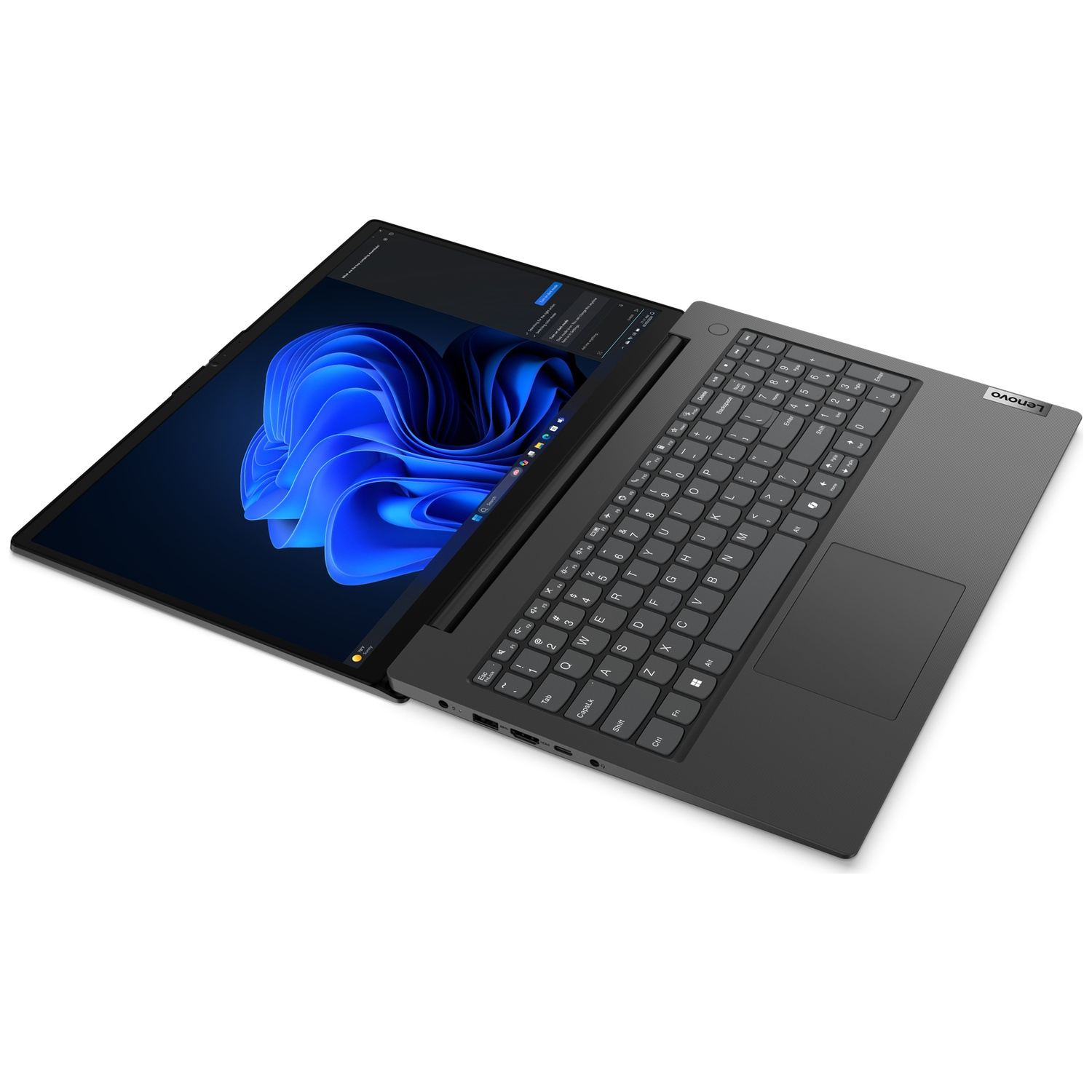 Open Lenovo laptop. The screen displays a blue Windows 11 wallpaper. The keyboard is black.