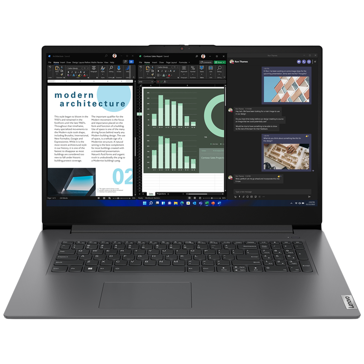 Een Lenovo laptop toont documenten en grafieken. Een chatvenster is geopend aan de rechterkant van het scherm.