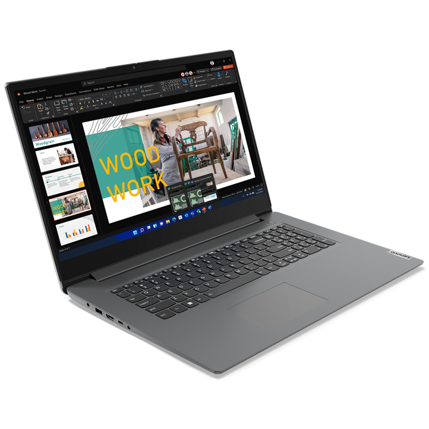 Een grijze Lenovo laptop toont een presentatie met de titel 'Wood Work'. Het scherm toont een vrouw die aan een houten stoel werkt.