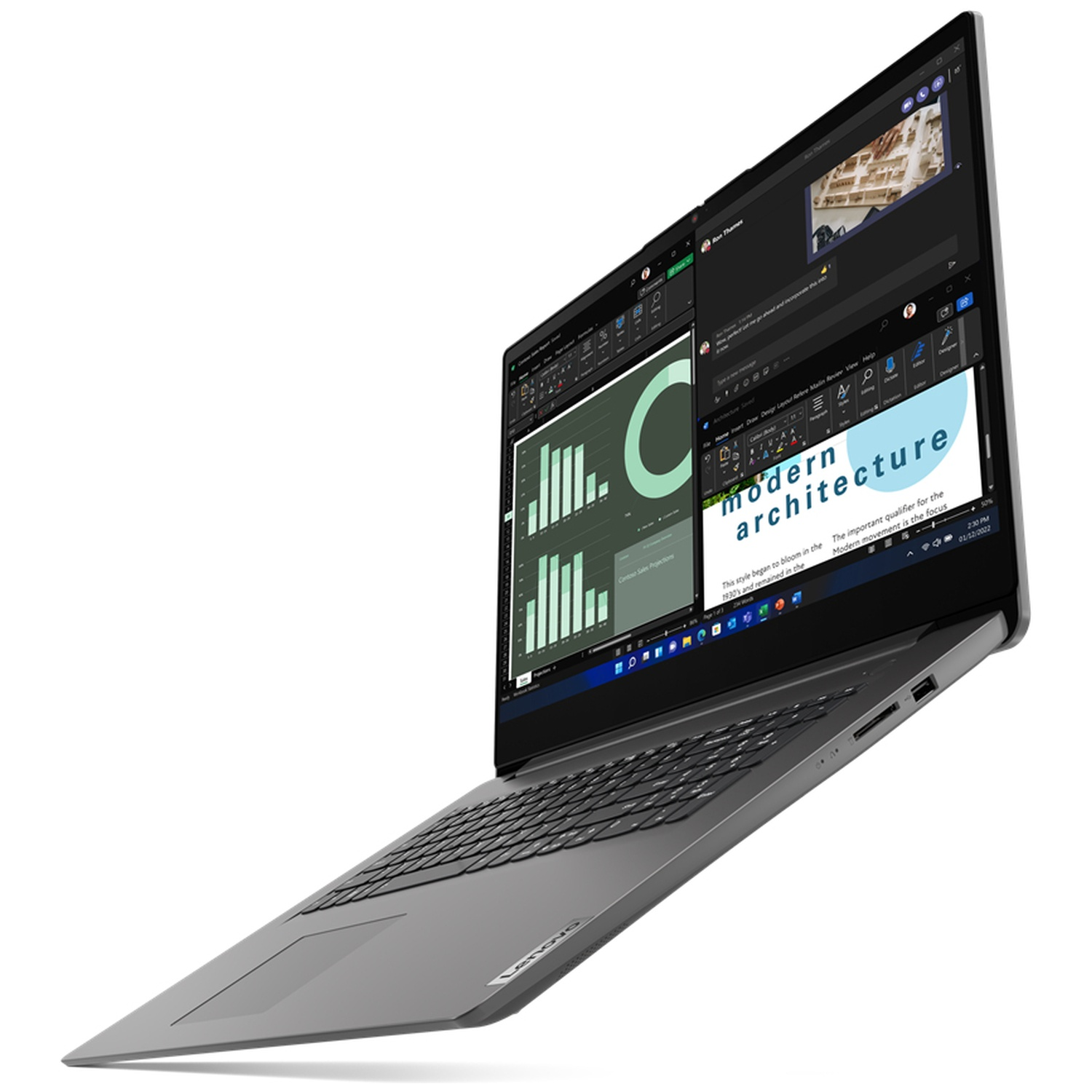 Een grijze Lenovo-laptop met een document over moderne architectuur en grafieken. Het scherm toont een videogesprek.