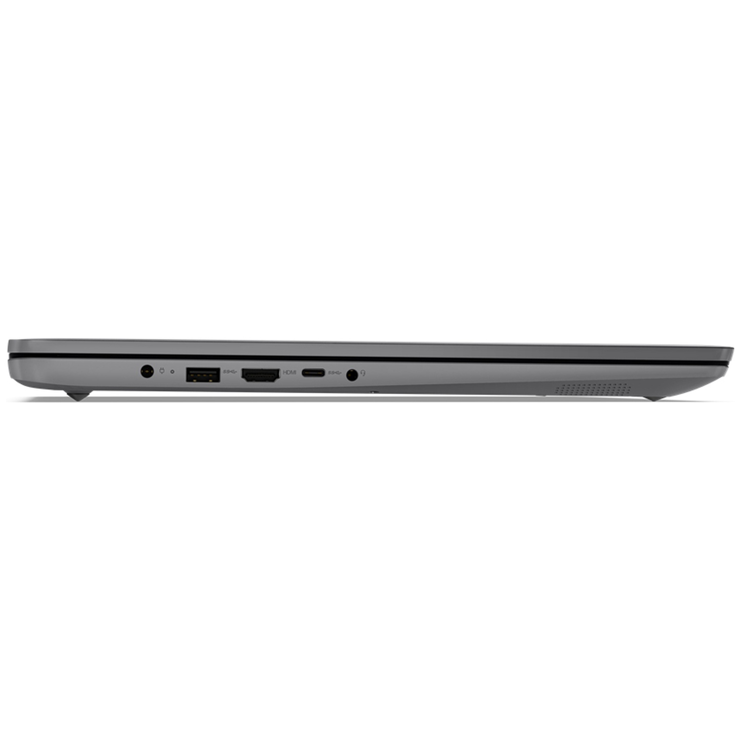 Zijaanzicht van een grijze laptop met zichtbare poorten. Het staat op een witte achtergrond. Poorten zijn onder meer USB, HDMI en audio-aansluiting.