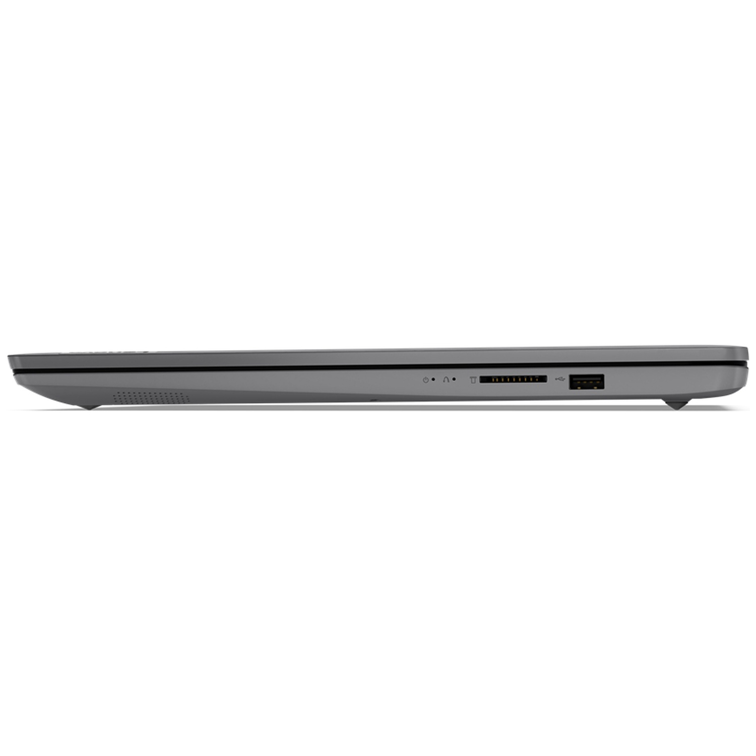 Zijaanzicht van een grijze laptop, met poorten en ventilatieopeningen tegen een witte achtergrond.