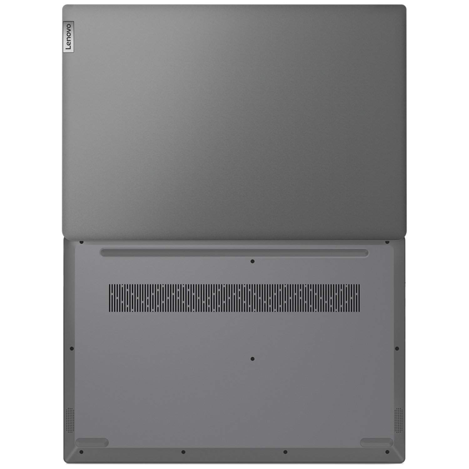 Top view of a gray Lenovo laptop. The lid is open. The bottom has vents and a smooth surface.